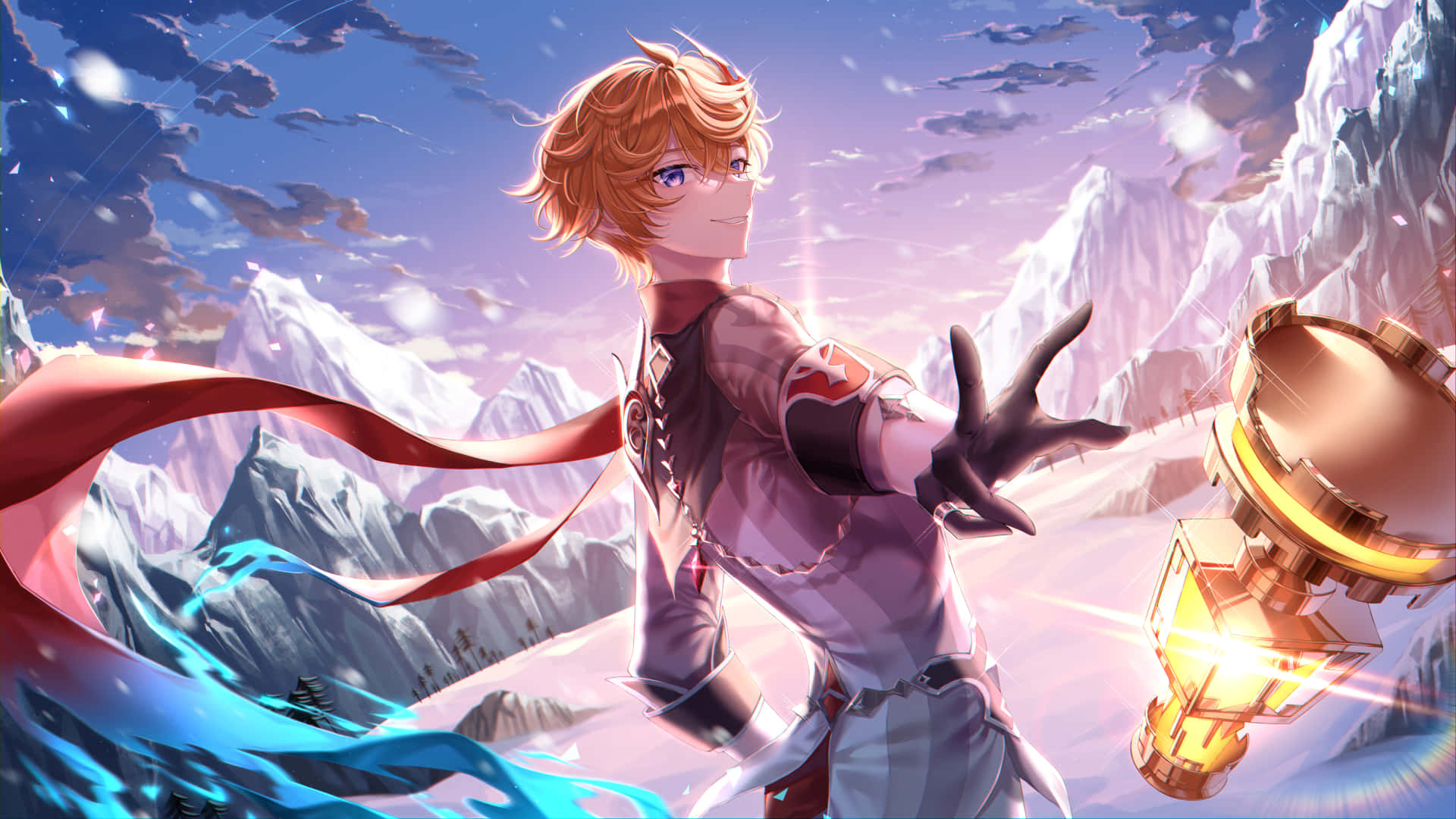 Tartaglia Childe 桌布 壁紙 — 一個開心的動畫男孩，橙色頭髮，站在雪山中，手持一個發光的燈籠，紅色絲帶在他周圍旋轉。
