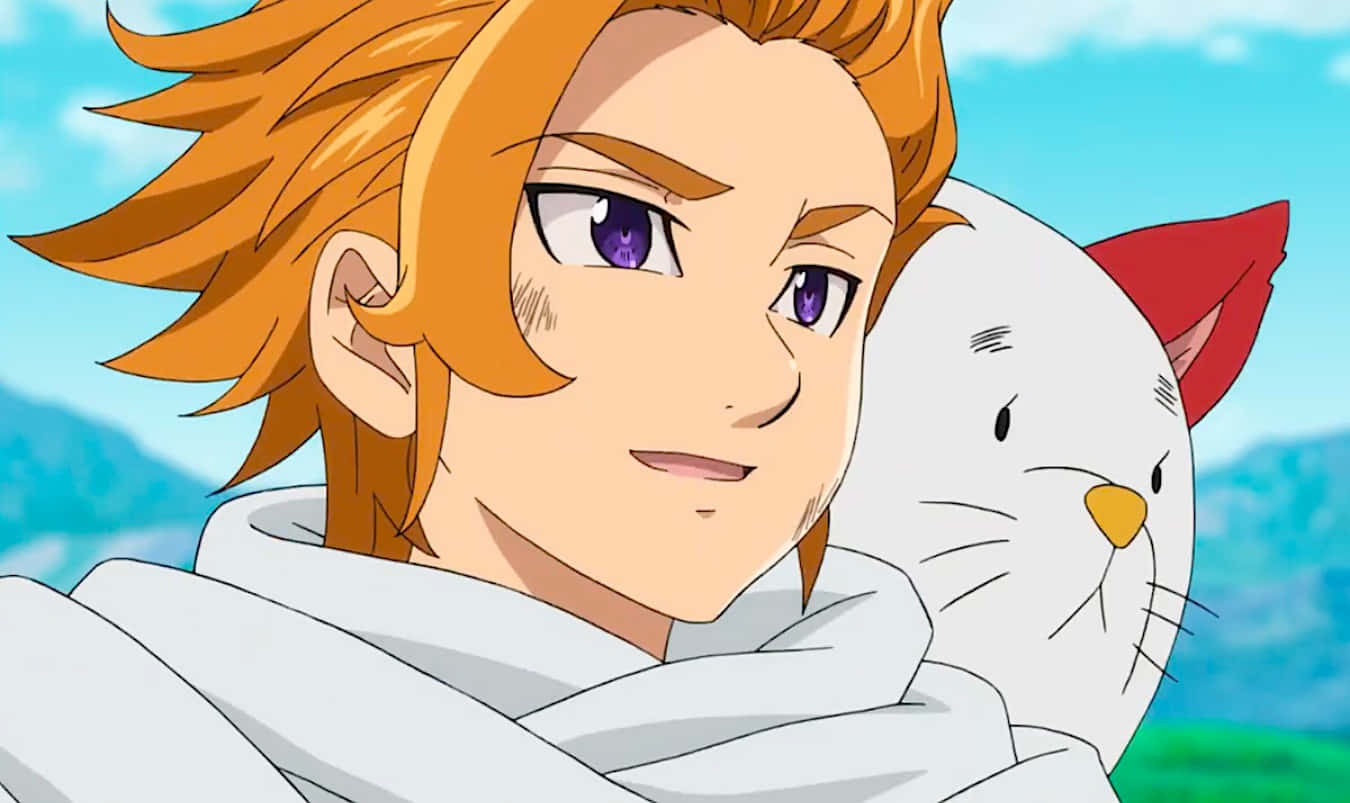 Seven Deadly Sins Arthur Pendragon 桌布 壁紙 — 一個開心的動畫男孩，橙色頭髮，紫色眼睛，在明亮的藍天下擁抱一隻紅耳朵的白貓。