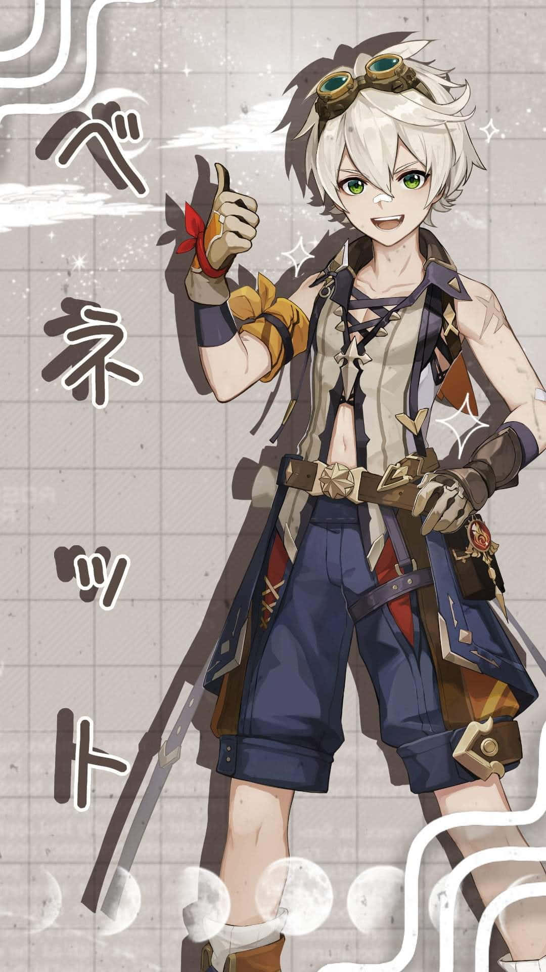 Genshin Impact Bennett 桌布 壁紙 — 一個開心的動畫男孩，白髮綠眼，戴著護目鏡和冒險裝備，豎起大拇指。
