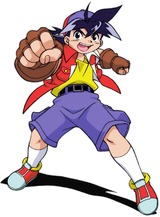 Beyblade 桌布 壁紙 — 一個開心的動畫男孩，穿著紅色外套和紫色短褲，帶著堅定的笑容向前出拳。