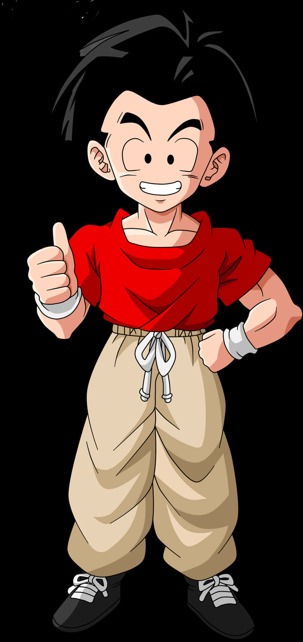 動漫男孩 桌布 壁紙 — 一個開心的動畫男孩，穿著紅色襯衫和米色褲子，在黑色背景前豎起大拇指，露出燦爛的笑容。