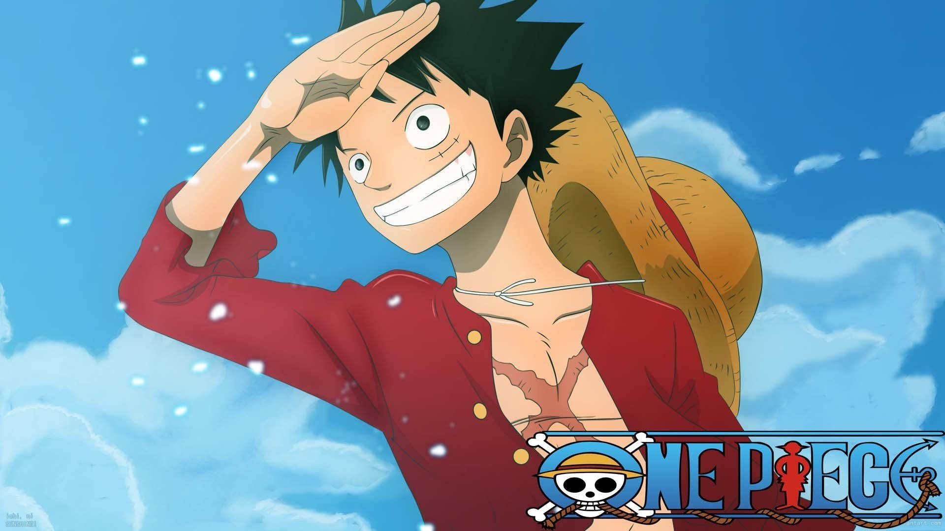 Luffy Funny 桌布 壁紙 — 一個開心的動畫男孩，穿著紅色襯衫和草帽，在藍天白雲下敬禮。