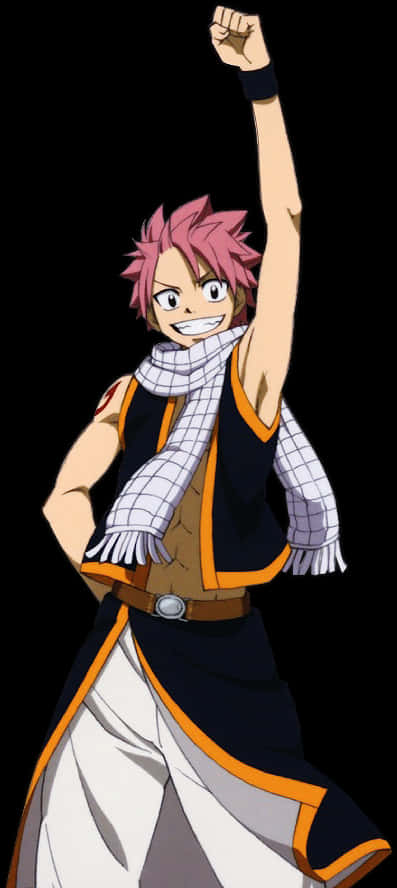 Natsu 桌布 壁紙 — 一個開心的動畫男孩，粉紅色頭髮，在黑色背景上勝利地舉起拳頭。