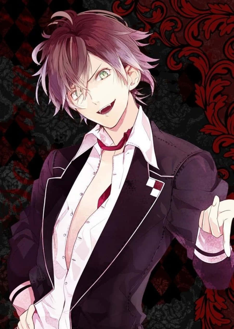 Diabolik Lovers 桌布 壁紙 — 一個開心的動畫男孩，粉紅色頭髮和綠色眼睛，穿著時尚的黑色西裝，背景是紅色和黑色的華麗圖案。