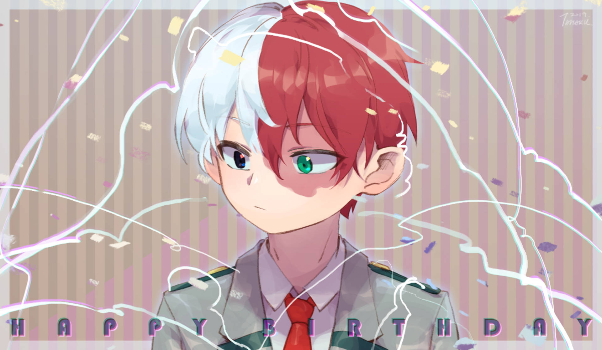 Todoroki Aesthetic 桌布 壁紙 — 一個開心的動畫男孩，紅白頭髮和異色瞳，在飄浮的紙屑和發光線條中微笑。