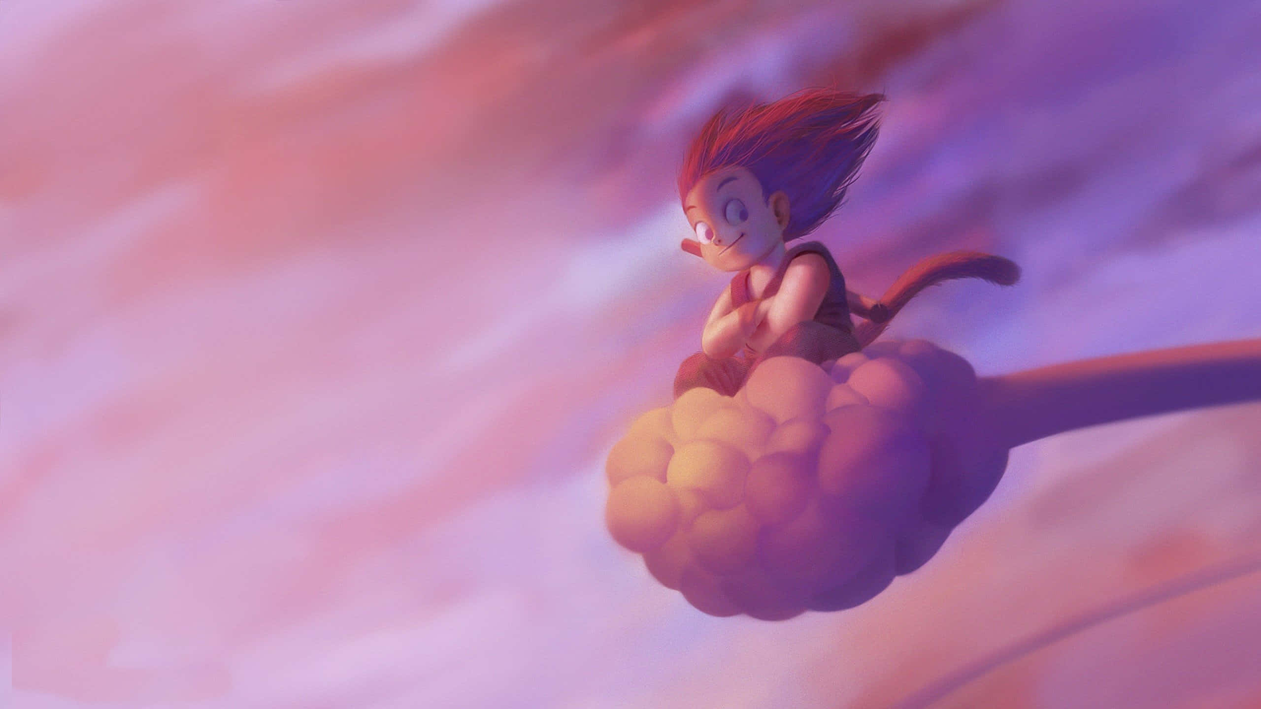 kid goku 桌布 壁紙 — 一個開心的動畫男孩，紅髮，騎著一朵蓬鬆的雲，穿過夢幻的粉紅和紫色天空。