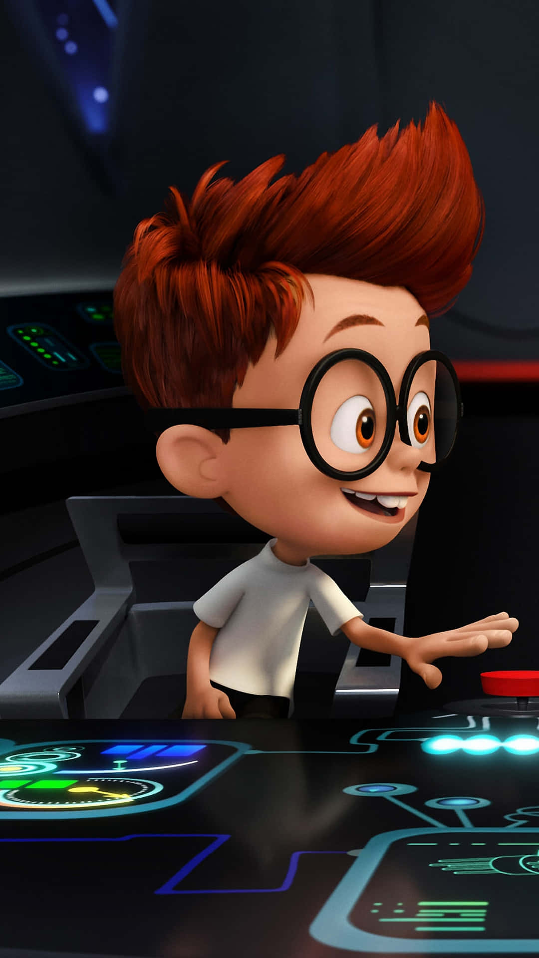 Mr Peabody 桌布 壁紙 — 一個開心的動畫男孩，紅髮戴眼鏡，在高科技駕駛艙中操作發光的未來控制裝置。