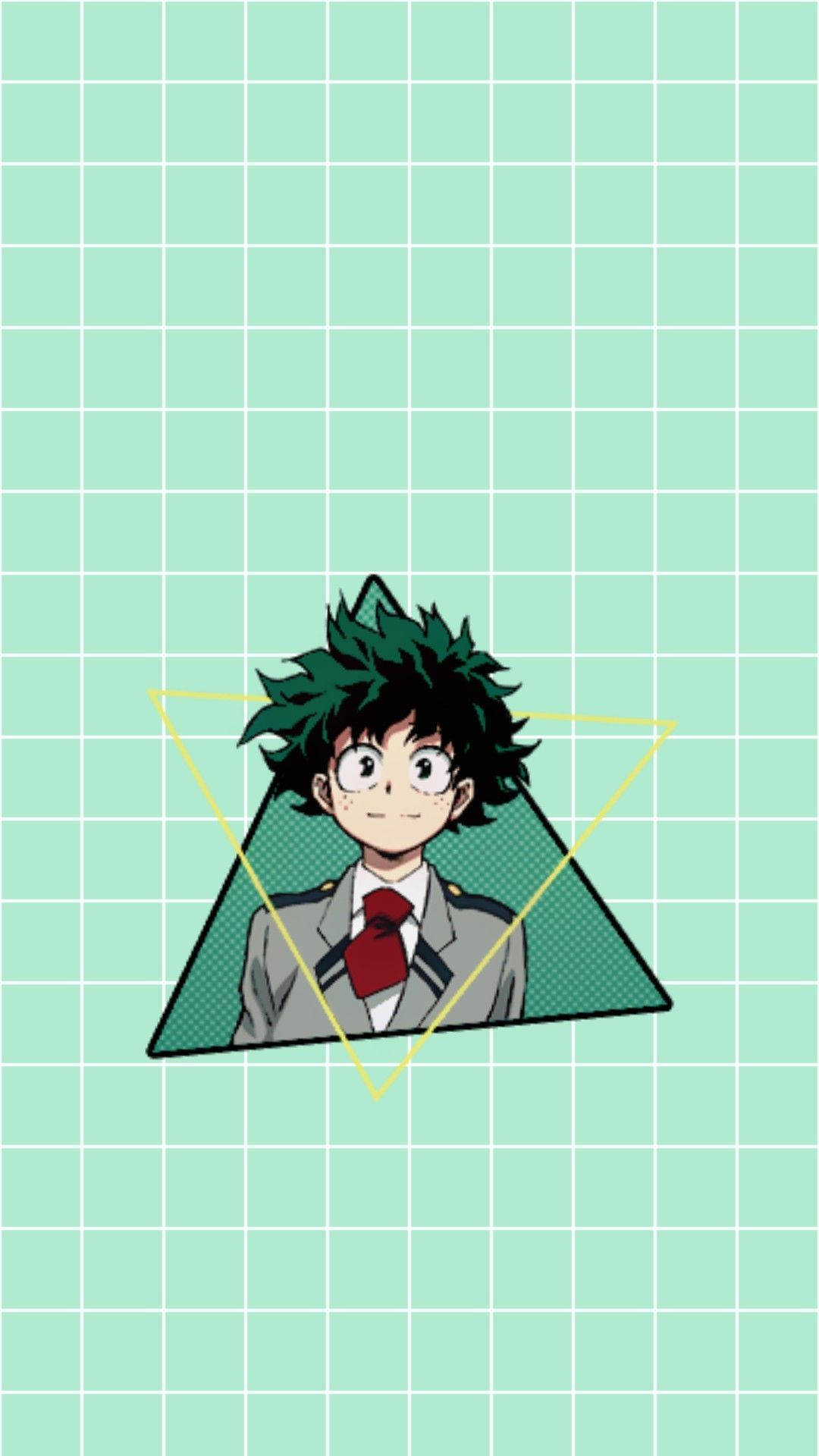 Bnha 桌布 壁紙 — 一個開心的動畫男孩，綠色尖刺頭髮，穿著校服，被黃色三角形框在薄荷色網格背景上。