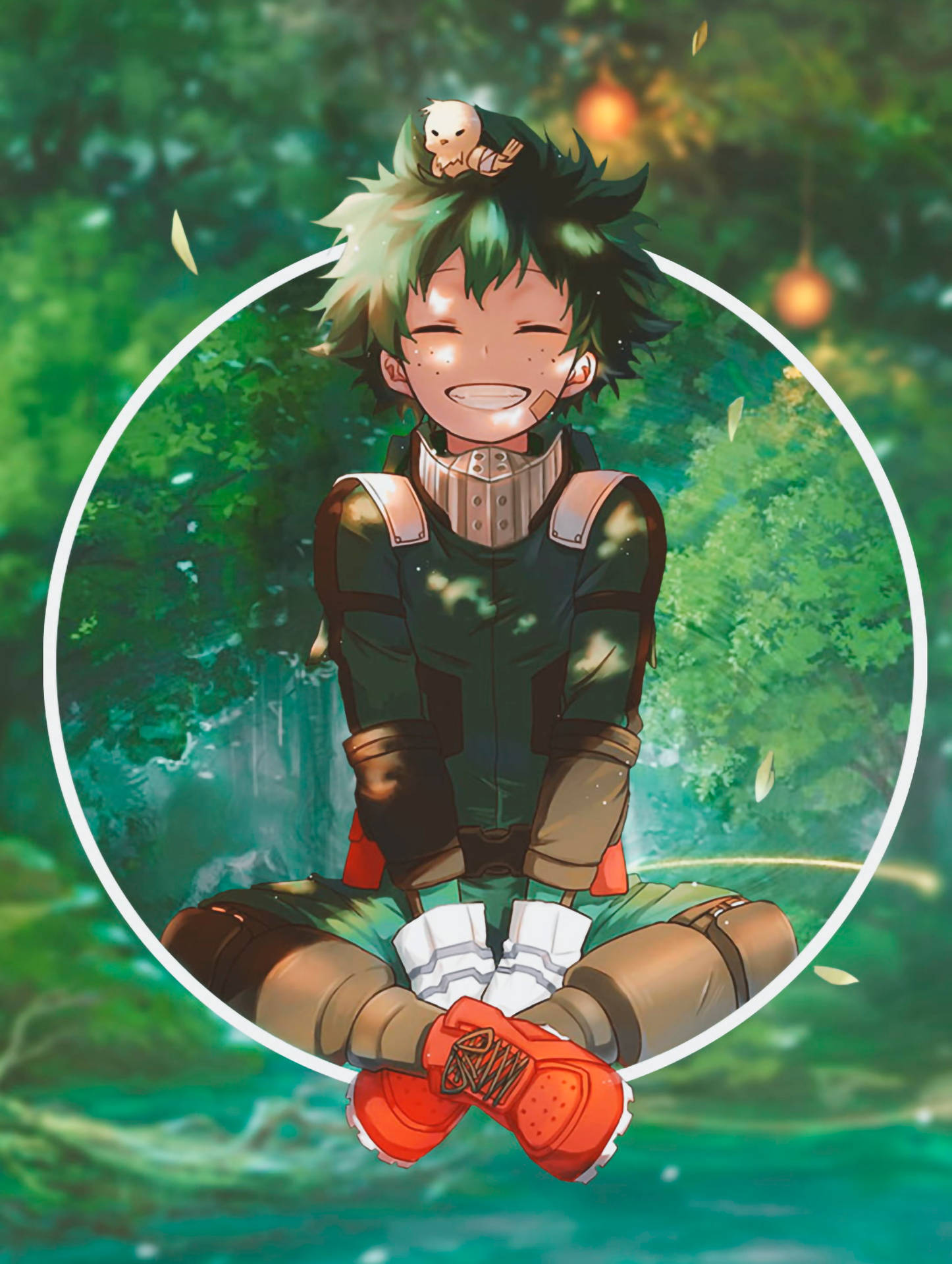 icon 桌布 壁紙 — 一個開心的動畫男孩，綠色頭髮，盤腿坐在茂密的森林中，一隻白色小生物棲息在他的頭上。