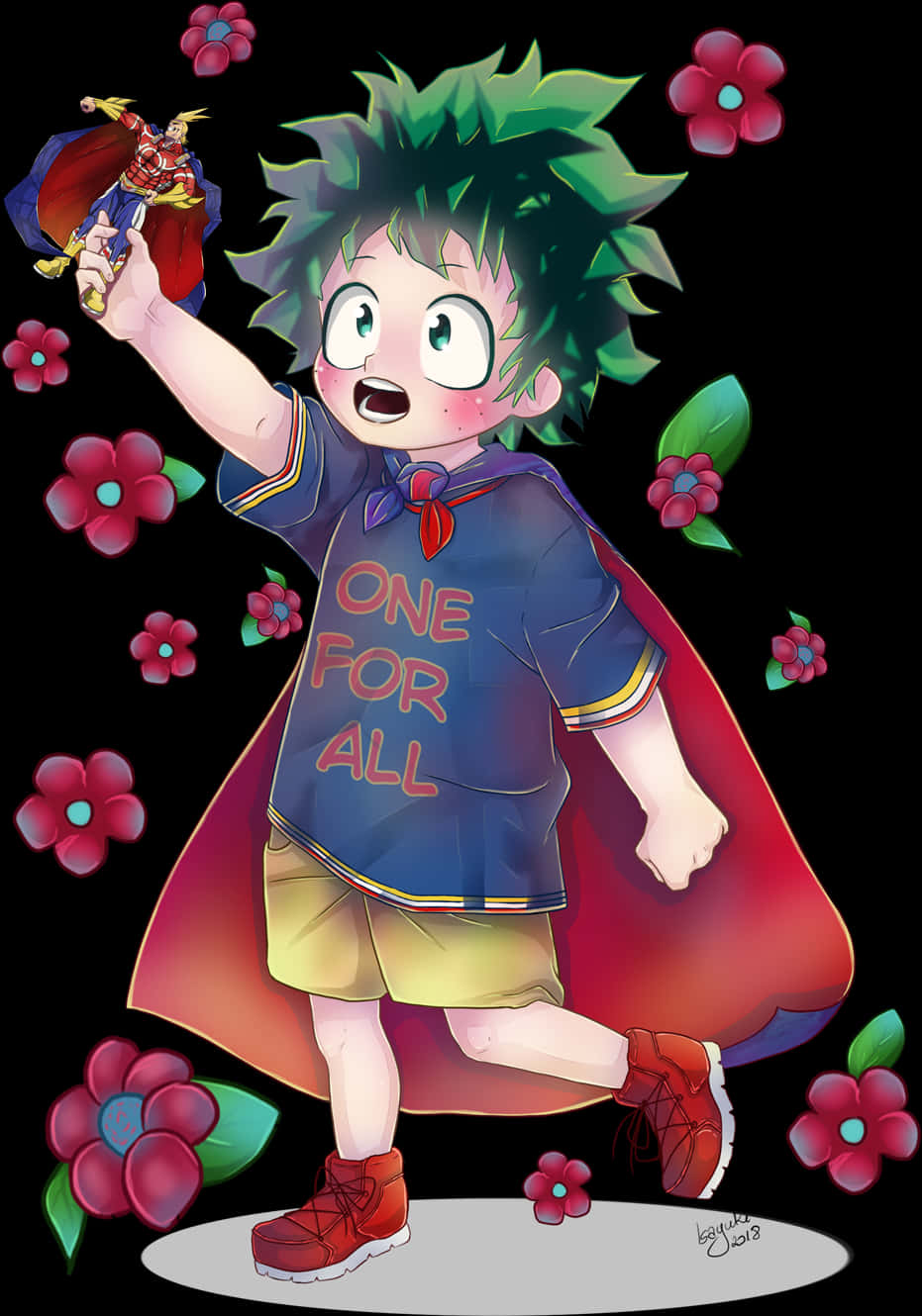 My Hero Academia Anime 桌布 壁紙 — 一個開心的動畫男孩，綠色頭髮，紅色披風，舉起一個超級英雄公仔，周圍漂浮著粉紅色花朵，背景是黑色。