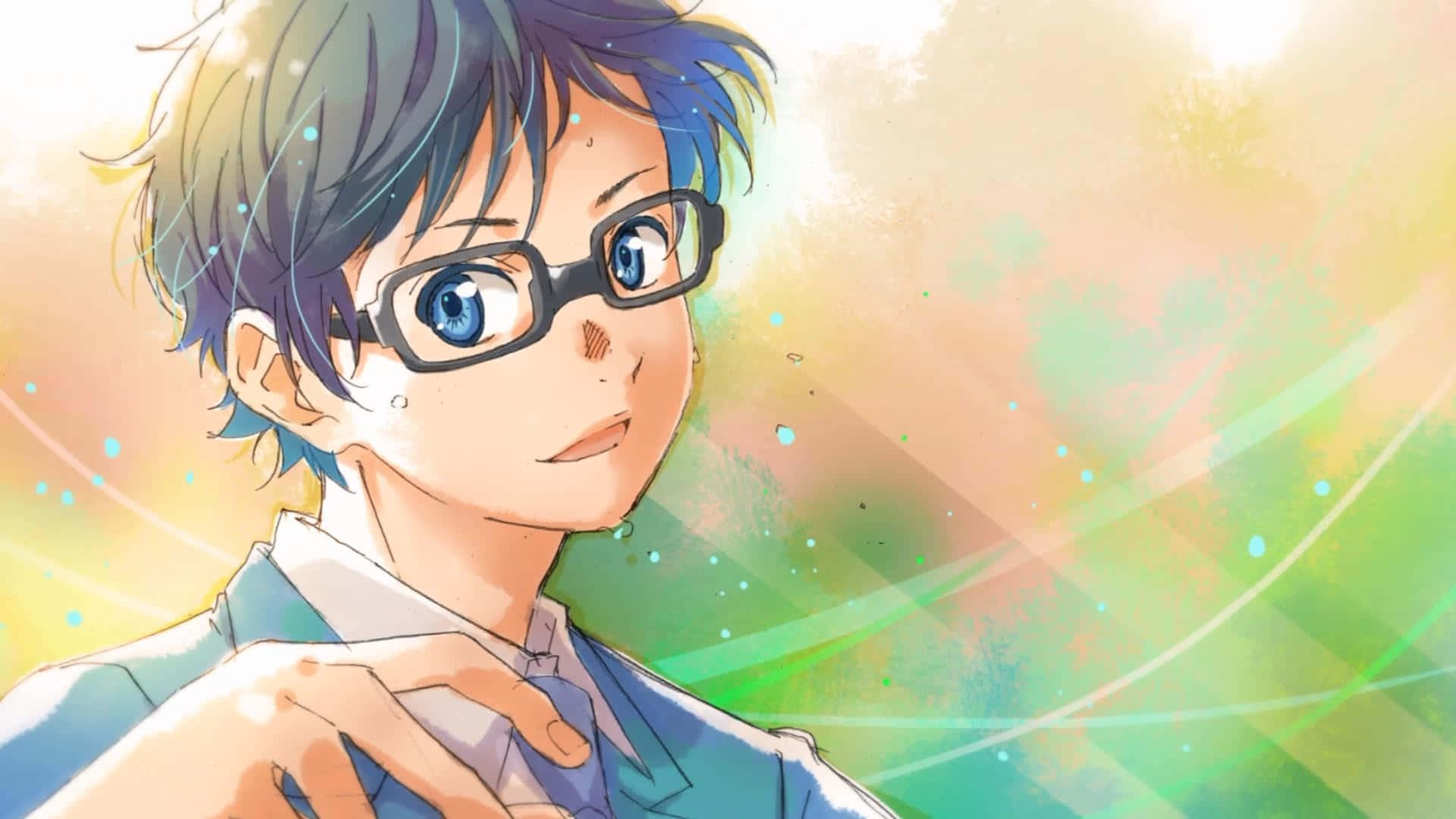 Your Lie In April 桌布 壁紙 — 一個開心的動畫男孩，藍色頭髮和眼鏡，在充滿活力的抽象背景中微笑，背景有發光的條紋和柔和色調。
