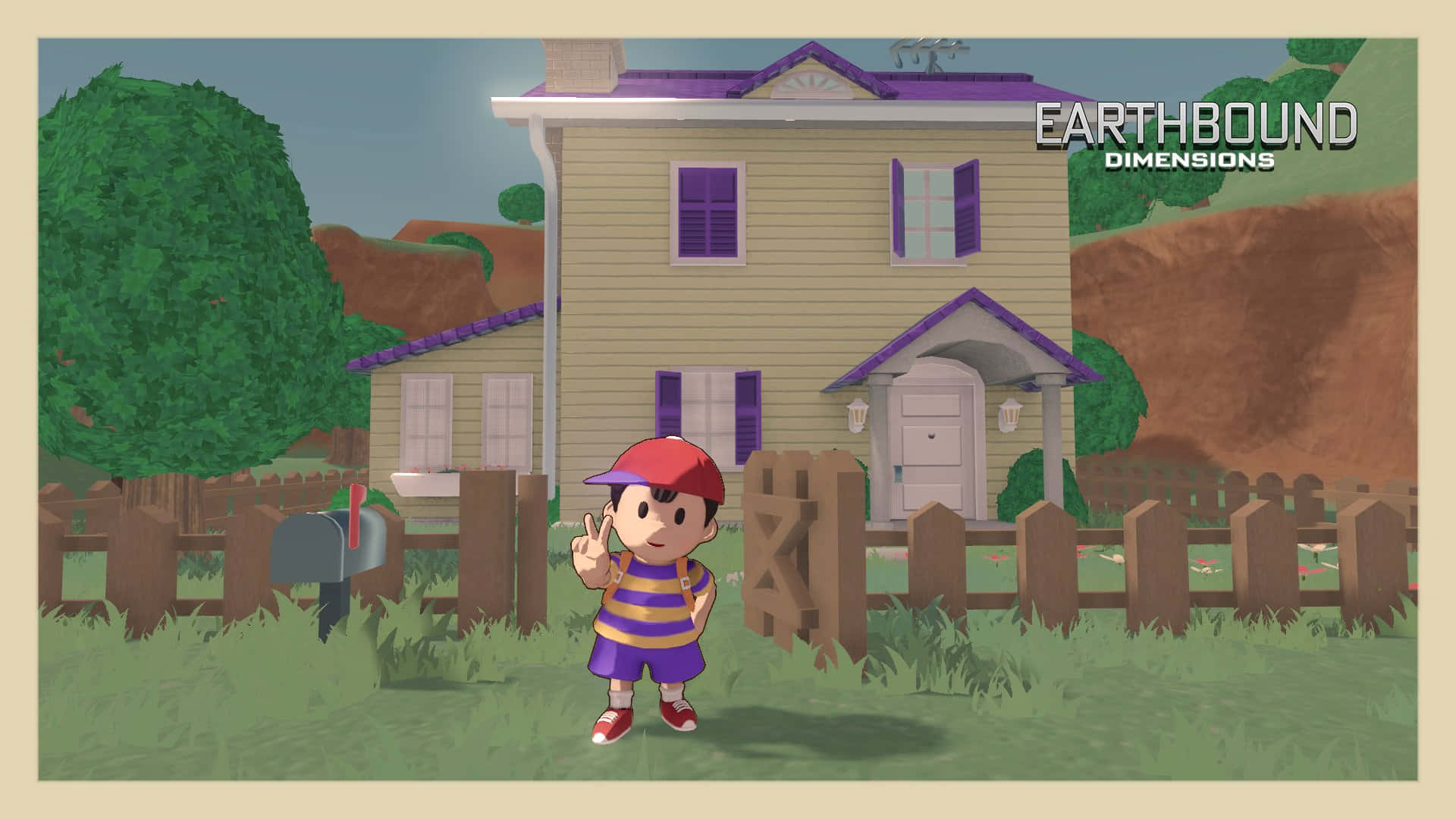 Earthbound 桌布 壁紙 — 一個開心的動畫男孩，身穿條紋襯衫和紅色帽子，站在一間有紫色飾邊和木柵欄的黃色房子前。