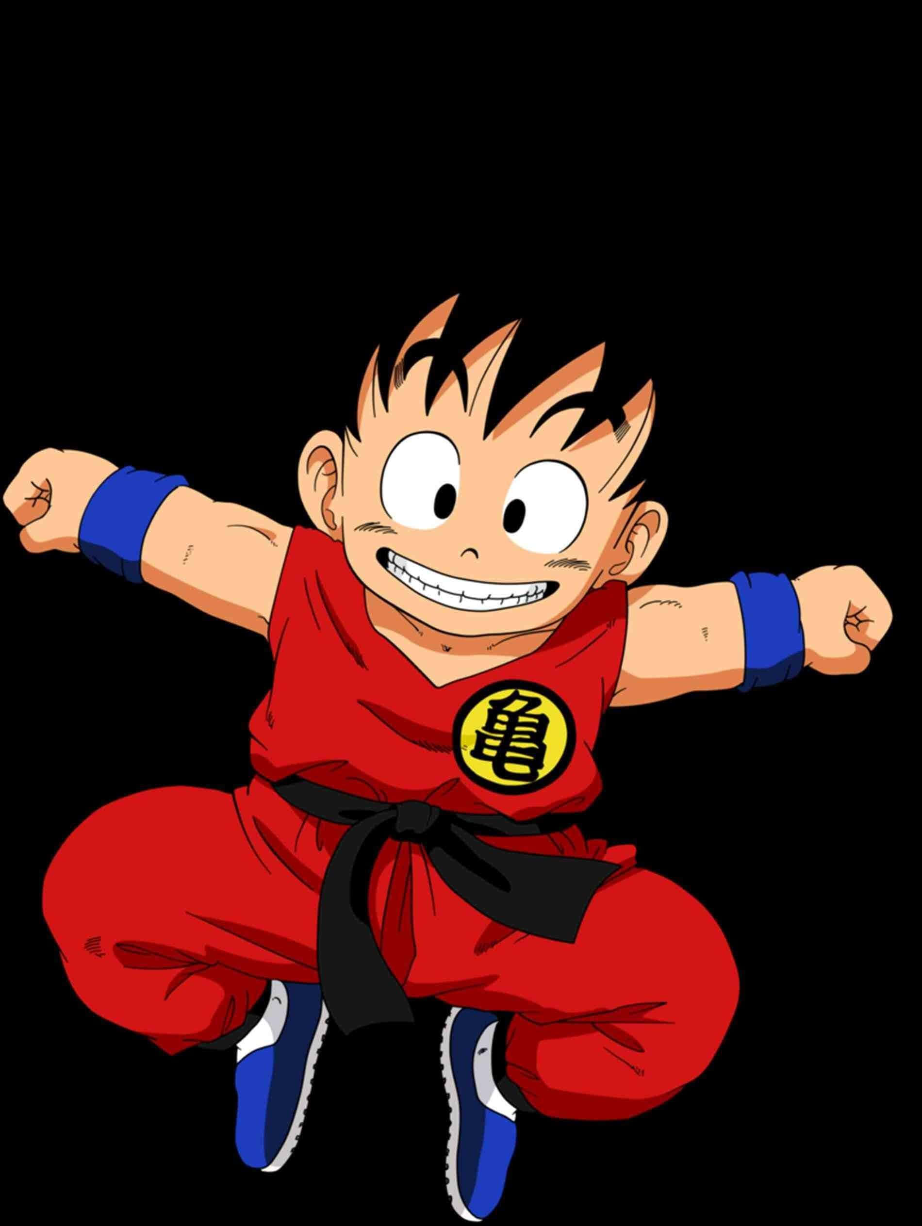 Funny Goku 桌布 壁紙 — 一個開心的動畫男孩，身穿紅色道服、黑色腰帶和藍色護腕，在黑色背景前快樂地跳躍。