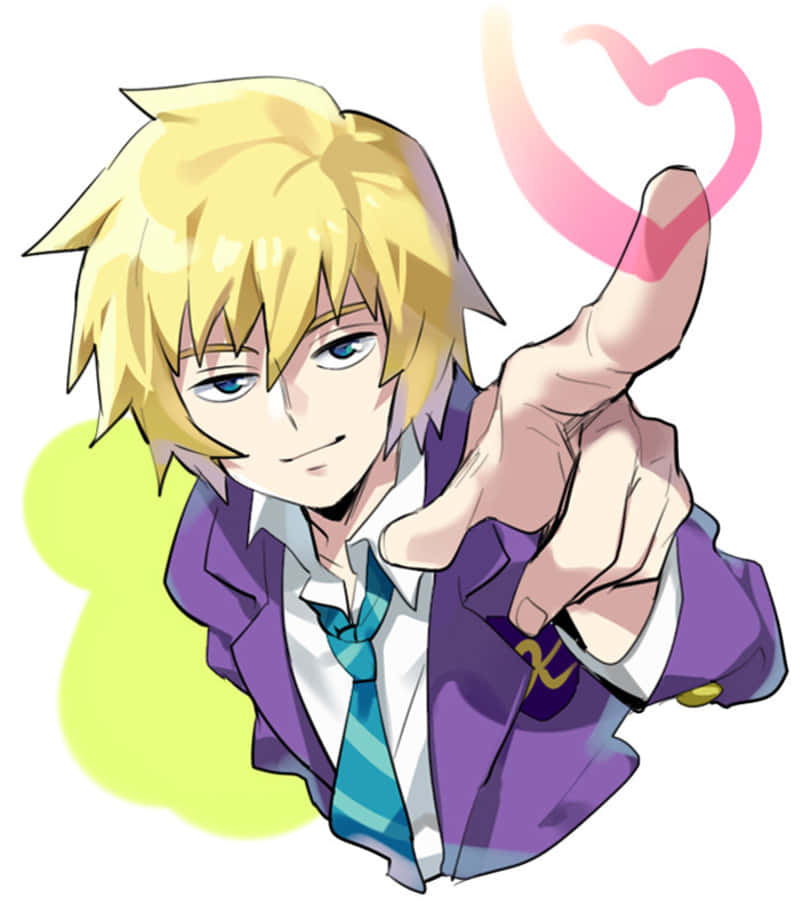 Teruki Hanazawa 桌布 壁紙 — 一個開心的動畫男孩，金色刺蝟頭，手指向前，指尖上漂浮著一個粉紅色的愛心。