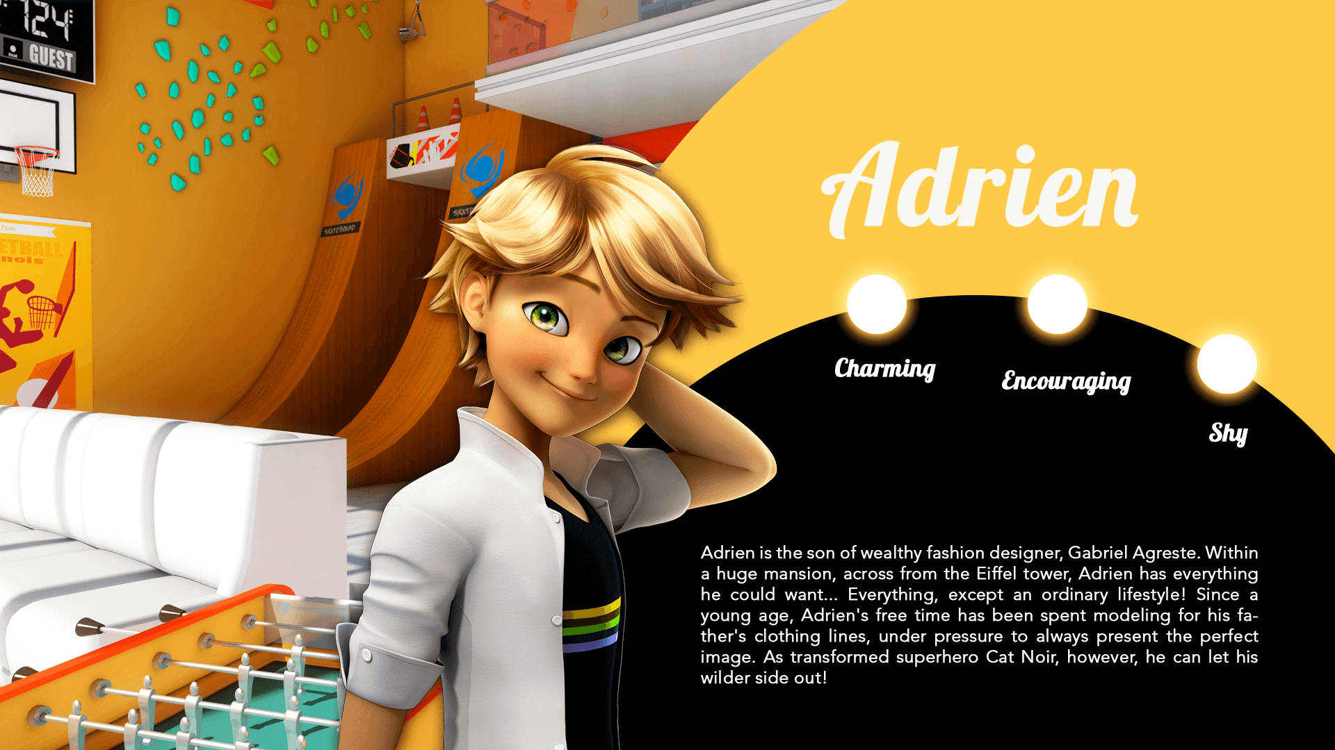 Adrien 桌布 壁紙 — 一個開心的動畫男孩，金髮，在色彩繽紛的現代房間裡微笑，房間裡有桌上足球和攀岩牆。
