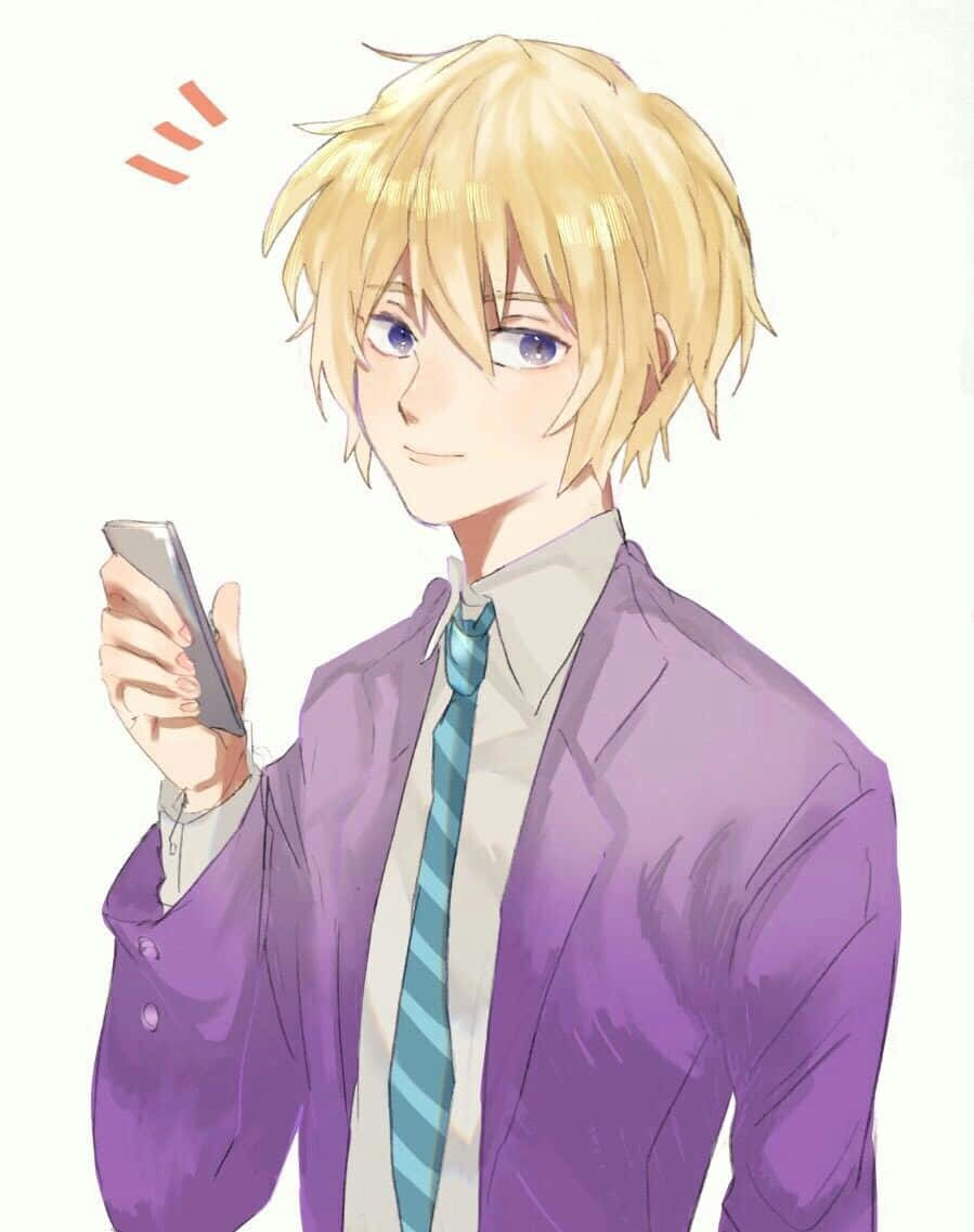 Teruki Hanazawa 桌布 壁紙 — 一個開心的動畫男孩，金髮，穿著紫色西裝，在純白色背景前微笑著拿著電話。
