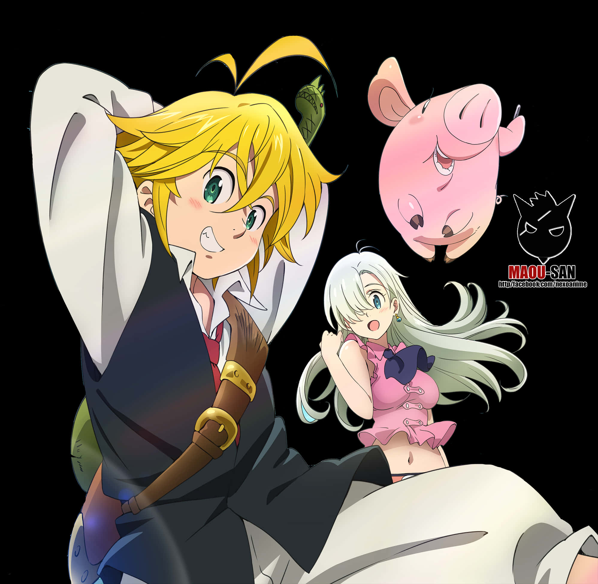 Meliodas 桌布 壁紙 — 一個開心的動畫男孩，金髮綠眼，坐在一個驚訝的白髮粉紅衣服女孩旁邊，附近有一隻漂浮的豬和一條小綠蛇，背景是黑色。