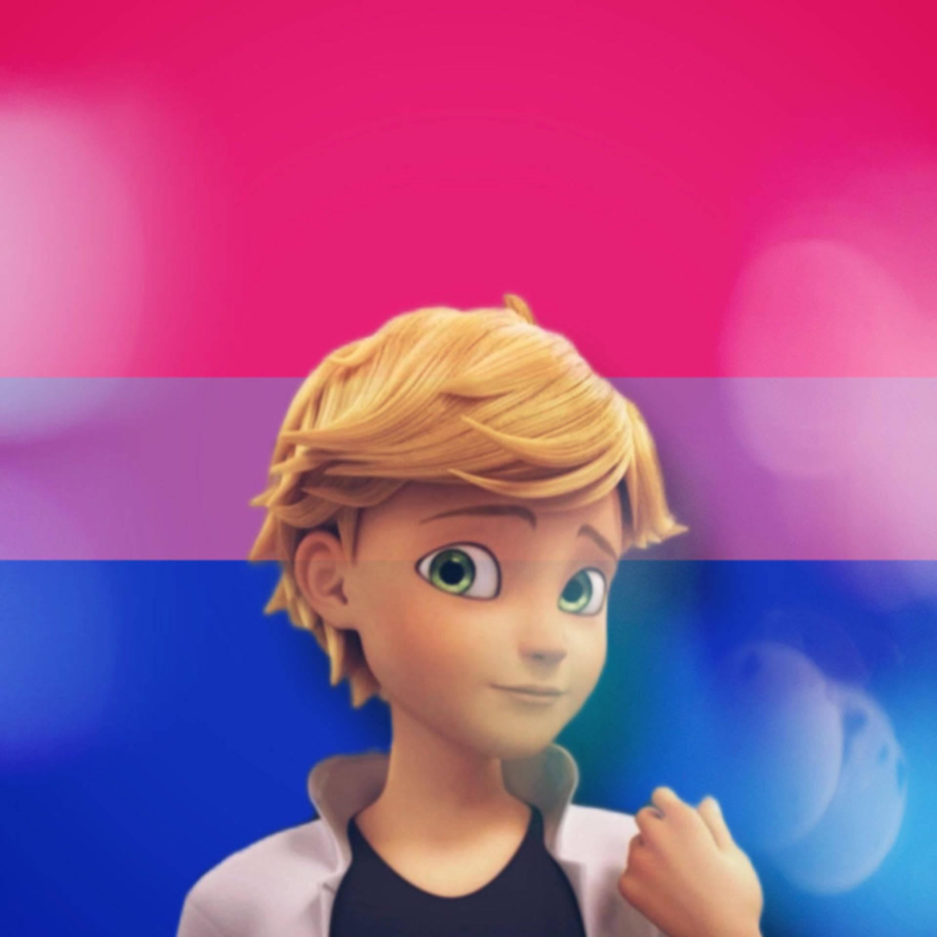 Adrien 桌布 壁紙 — 一個開心的動畫男孩，金髮綠眼，站在充滿活力的粉紅、紫和藍色漸變背景前。