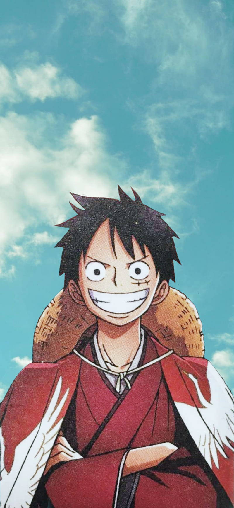 luffy smile 桌布 壁紙 — 一個開心的動畫男孩，黑色刺蝟頭，咧嘴大笑，身穿紅色長袍，上面有白色鶴圖案，背景是明亮的藍天和 fluffy 雲朵。