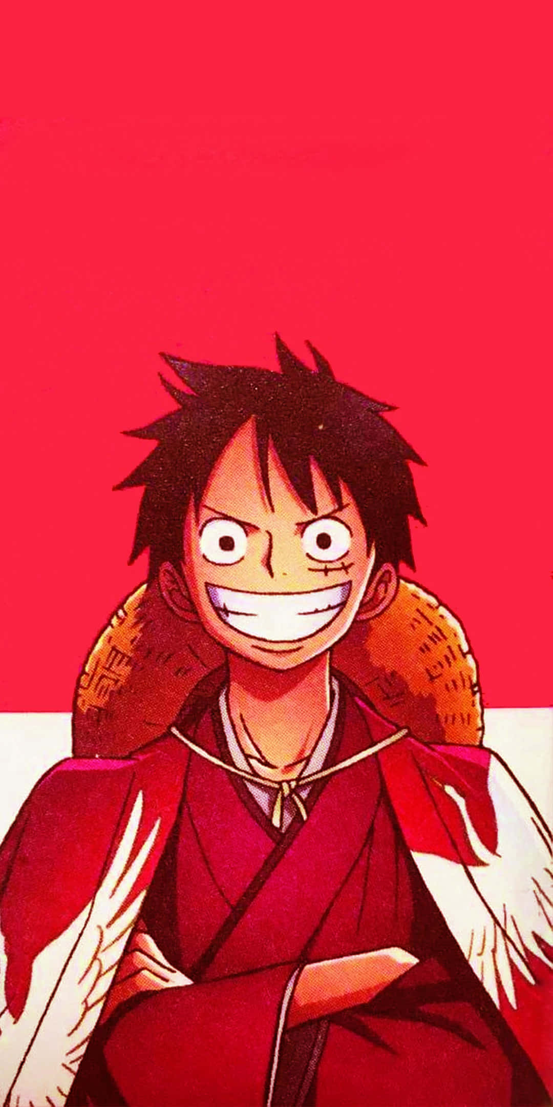 Luffy 桌布 壁紙 — 一個開心的動畫男孩，黑色刺蝟頭，咧嘴大笑，穿著紅色長袍，白色羽毛袖子，背景是純紅色。