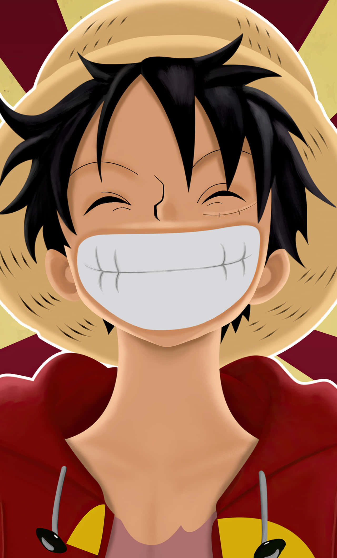 One Piece 5K 桌布 壁紙 — 一個開心的動畫男孩，黑色刺蝟頭戴草帽，穿著紅色連帽衫咧嘴大笑。