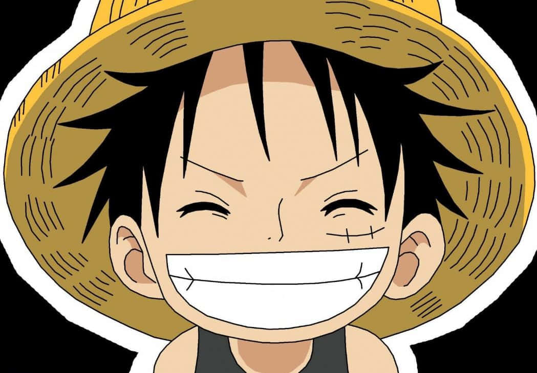 Luffy 桌布 壁紙 — 一個開心的動畫男孩，黑色刺蝟頭戴草帽，縫合的嘴唇在黑色背景上咧嘴大笑。