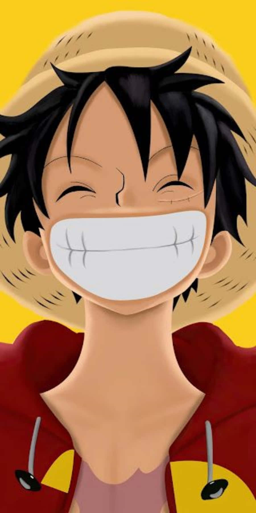 luffy smile 桌布 壁紙 — 一個開心的動畫男孩，黑色刺蝟頭戴草帽，在亮黃色背景上咧嘴大笑。