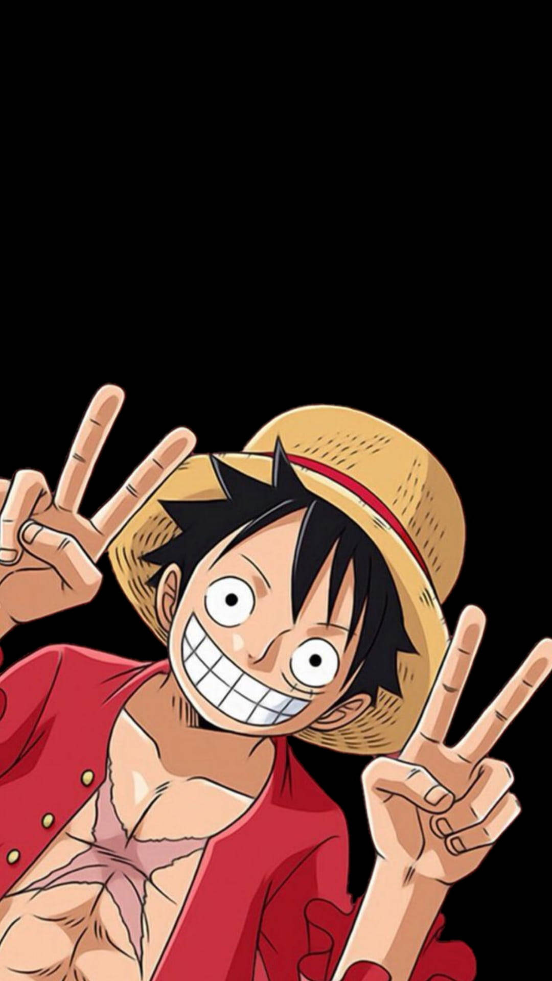 Luffy 桌布 壁紙 — 一個開心的動畫男孩，黑頭髮戴草帽，在黑色背景前咧嘴笑著比出和平手勢。