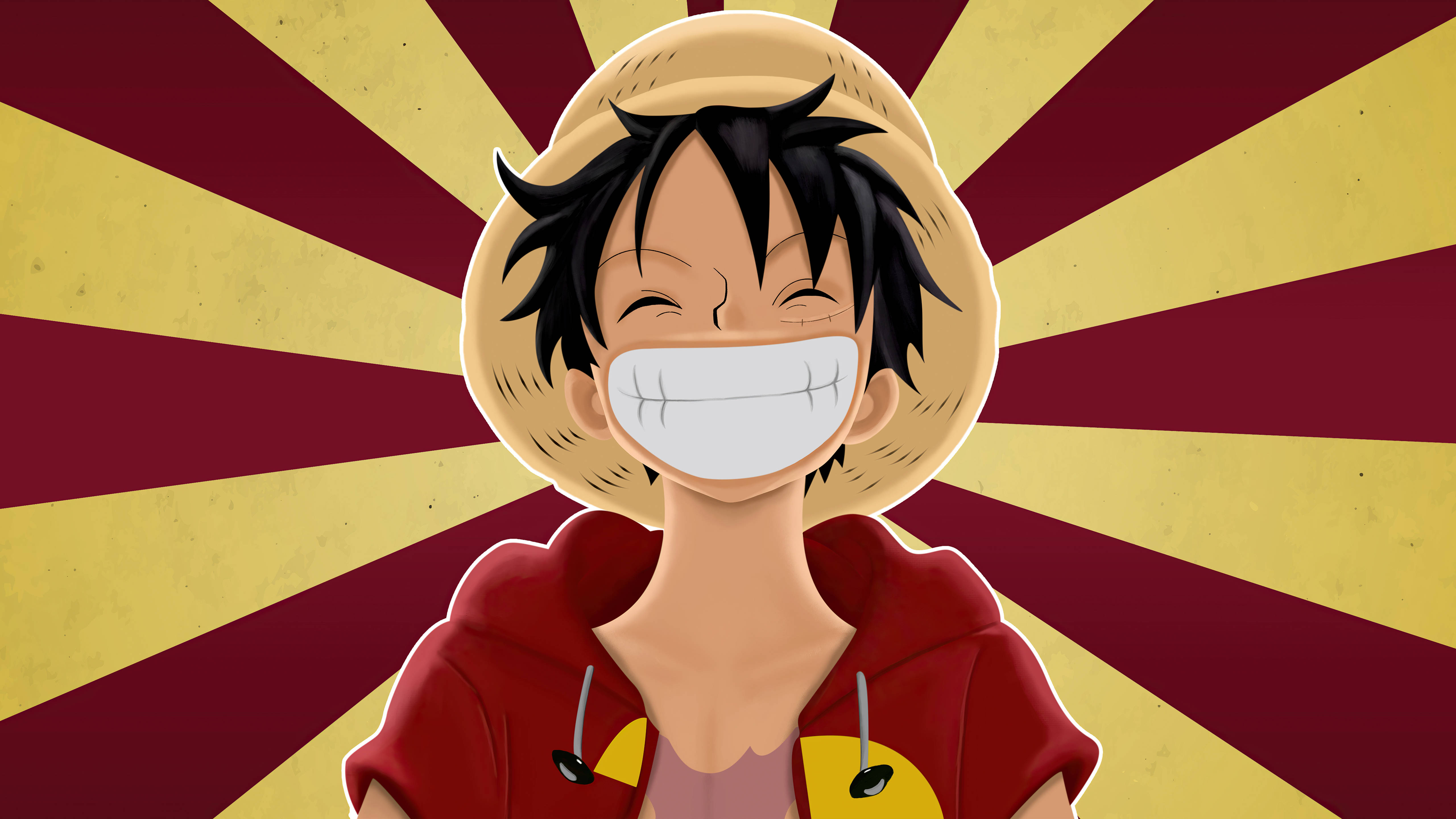 luffy 4K 桌布 壁紙 — 一個開心的動畫男孩，黑頭髮戴草帽，在鮮明的紅黃太陽光背景下咧嘴大笑。
