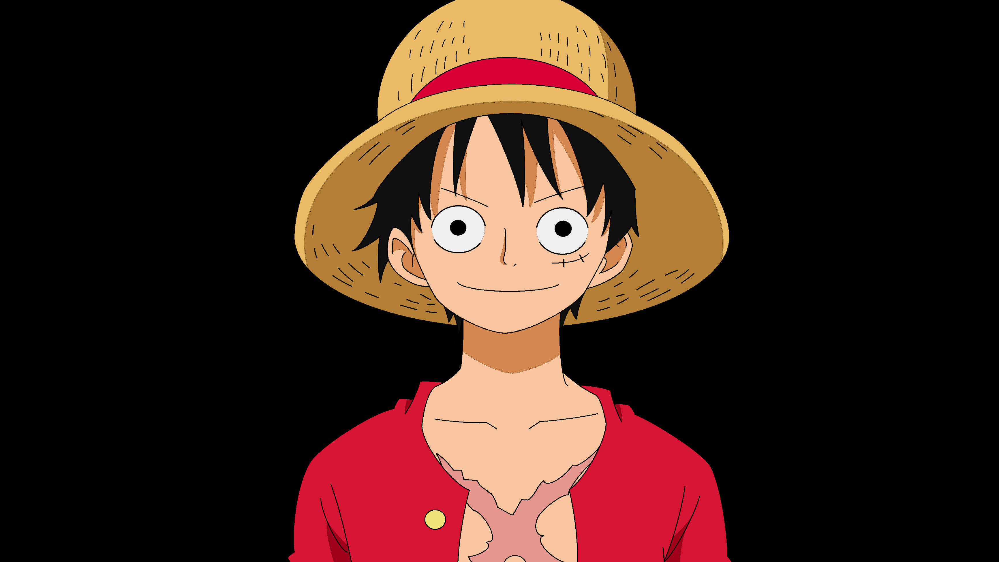 Luffy 桌布 壁紙 — 一個開心的動畫男孩，黑髮大眼，戴著草帽和紅色襯衫，背景為黑色。