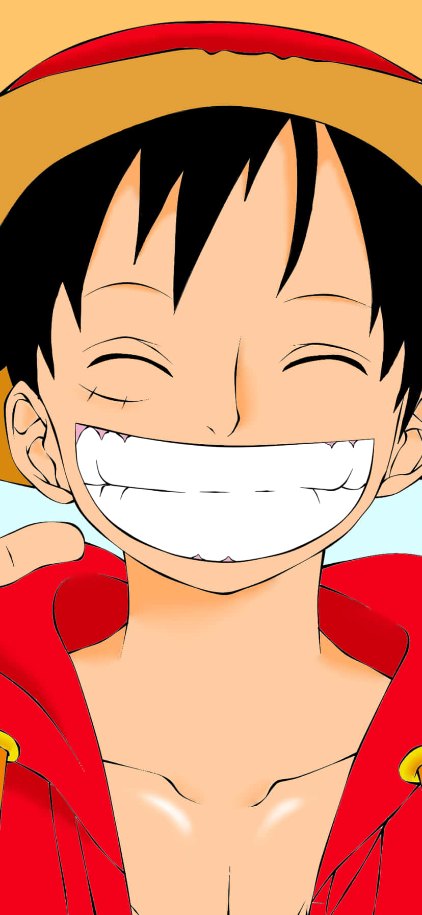Luffy 桌布 壁紙 — 一個開心的動畫男孩，黑髮戴紅帽，穿著紅色外套，露出燦爛的笑容。
