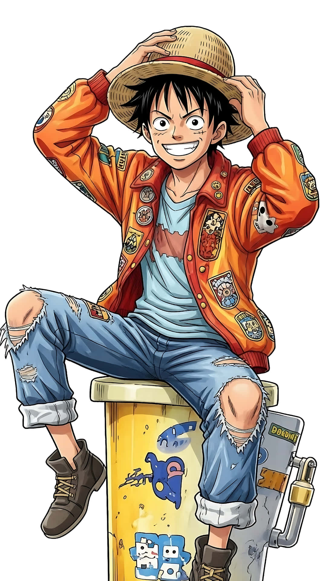Monkey D Luffy Wearing Orange Streetwear Jacket and Straw Hat Anime Wallpaper 壁紙 — 一個開心的動畫男孩，黑髮戴草帽，坐在黃色桶上，穿著一件佈滿補丁的橙色外套和破爛的藍色牛仔褲。