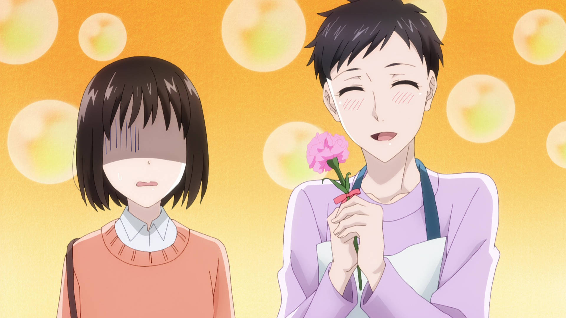koikimo 桌布 壁紙 — 一個開心的動畫男孩向一個面無表情的女孩遞上一朵粉紅色康乃馨，背景是溫暖發光的泡泡。