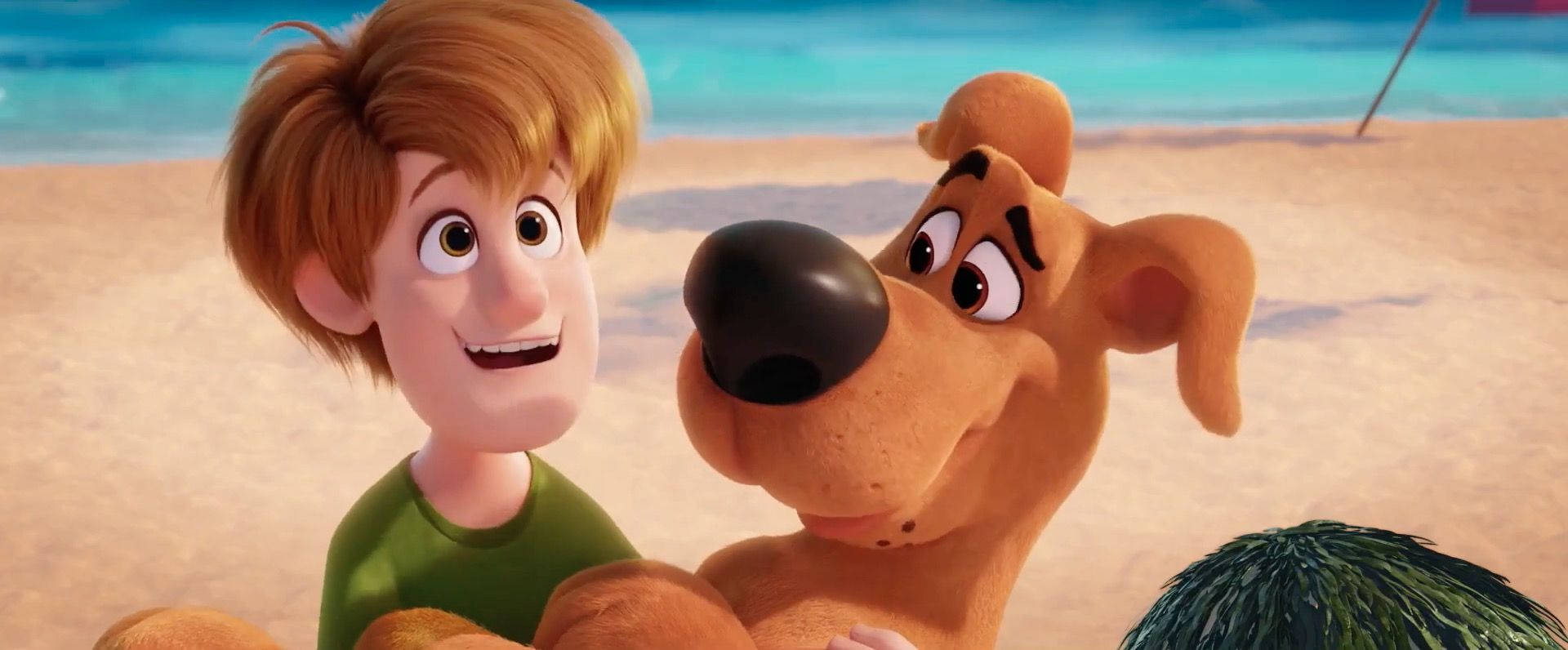 Cartoon 桌布 壁紙 — 一個開心的動畫男孩和他忠誠的狗Scooby Doo在陽光明媚的海灘上分享快樂時光，身後是碧綠的海水。