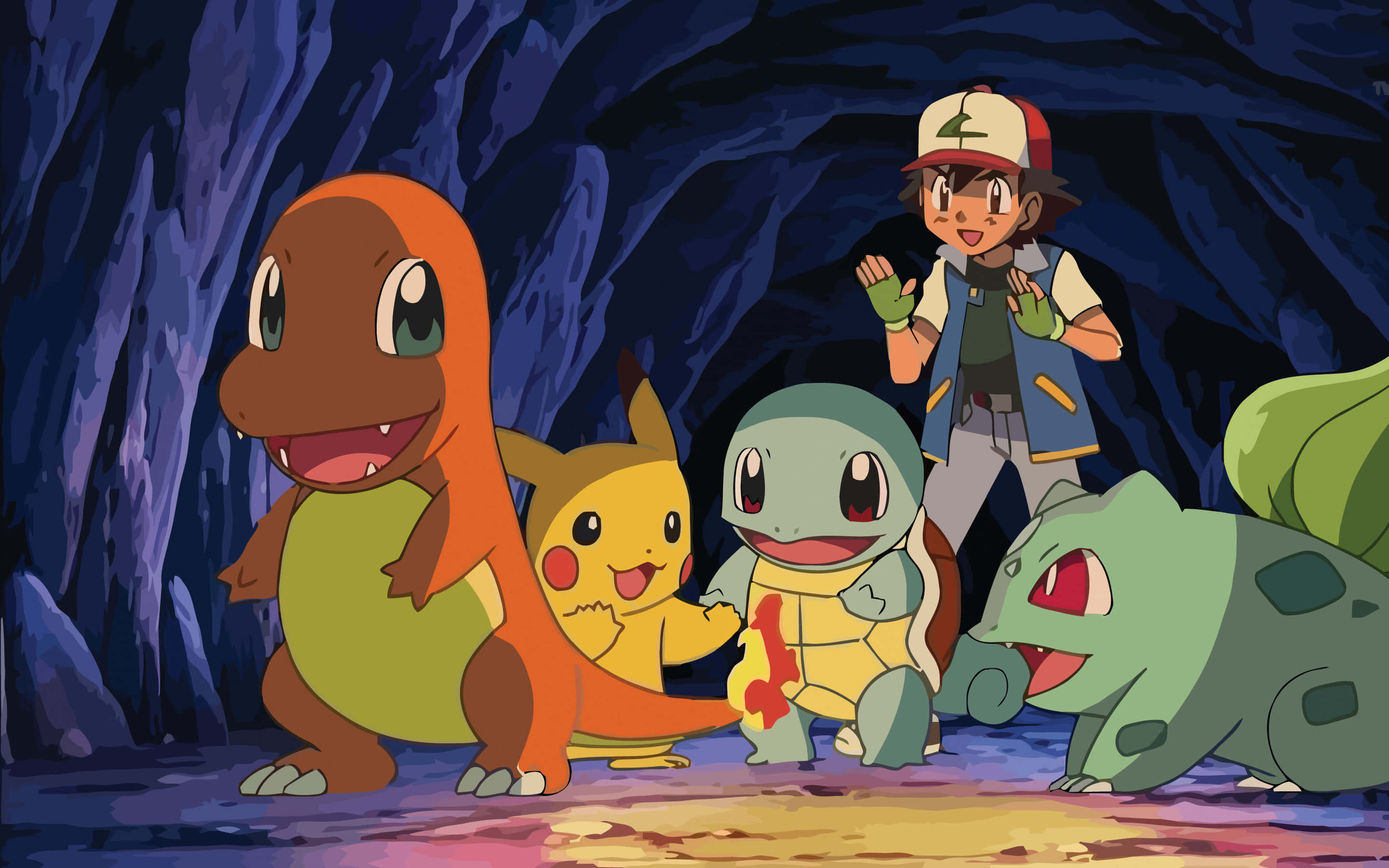 Ash And Pikachu 桌布 壁紙 — 一個開心的動畫男孩和他的四個寶可夢朋友一起站在一個有發光地板的深藍色洞穴裡。