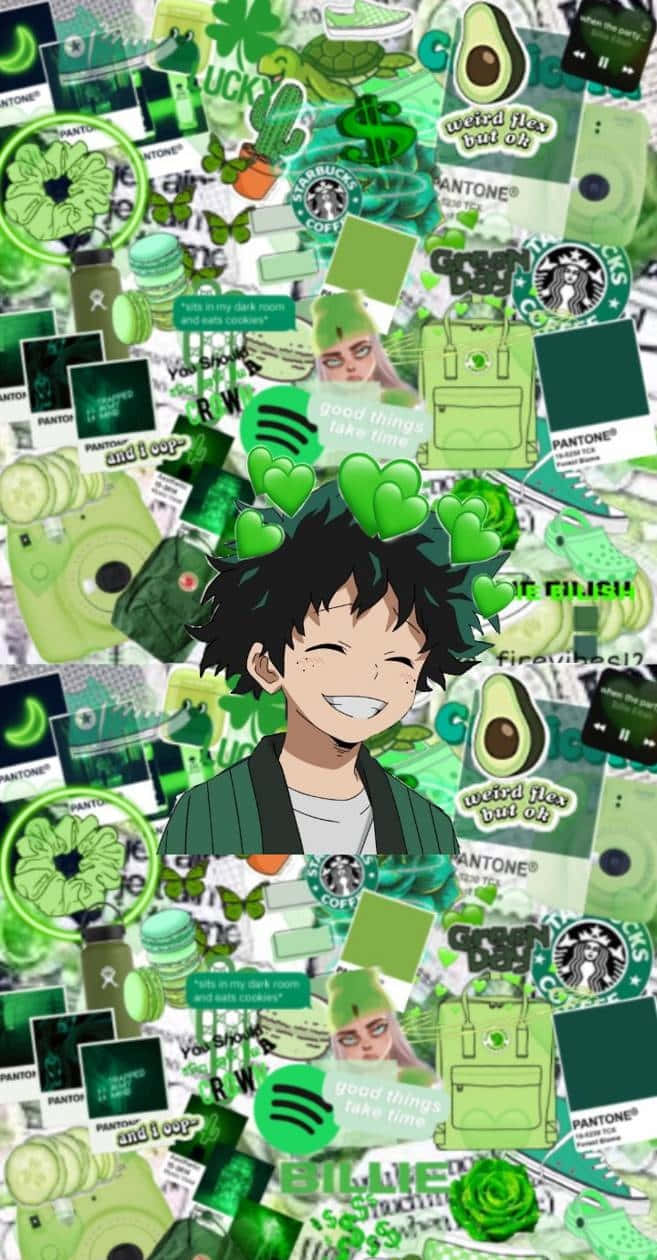 Deku Phone 桌布 壁紙 — 一個開心的動畫男孩在充滿酪梨、Starbucks、Spotify和Pantone主題貼紙的鮮綠色拼貼中央微笑。