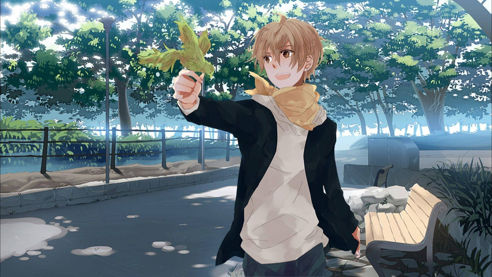 動漫藝術GIF 桌布 壁紙 — 一個開心的動畫男孩在公園裡，在斑駁的陽光下舉起一片綠葉，身後有樹木和長椅。