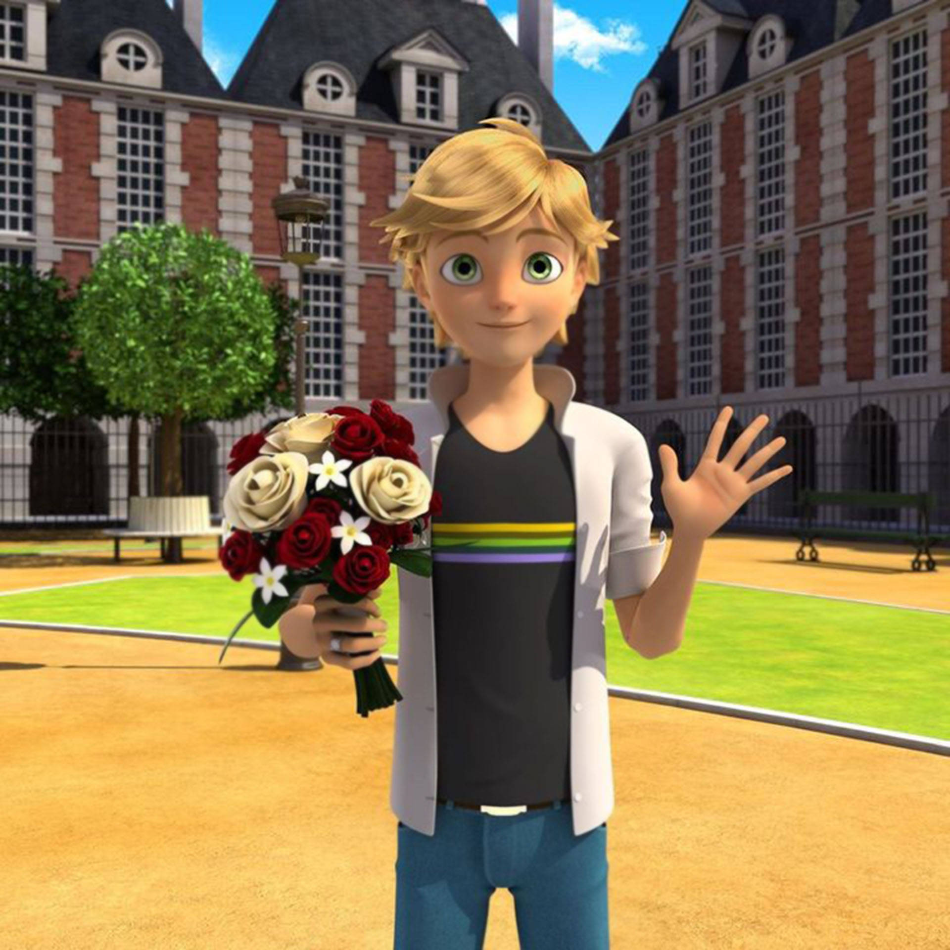 Adrien 桌布 壁紙 — 一個開心的動畫男孩在陽光普照的庭院中，手持一束紅、白和奶油色玫瑰，向著歷史磚建築揮手。