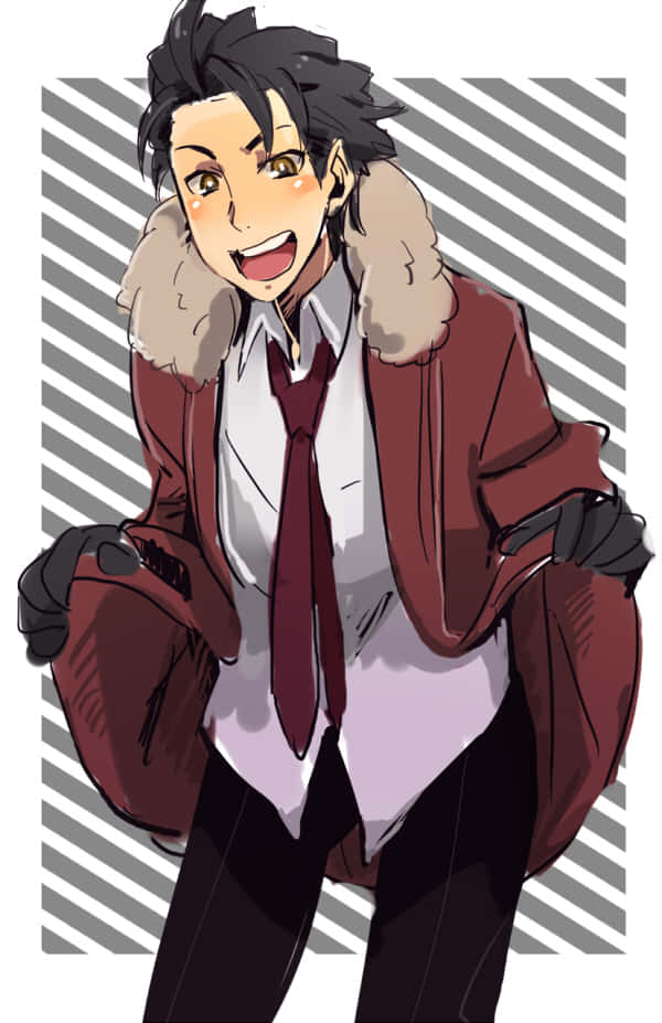 Haruhi Taniguchi 桌布 壁紙 — 一個開心的動畫男孩穿著栗色毛領外套，在灰色條紋背景前咧嘴大笑。
