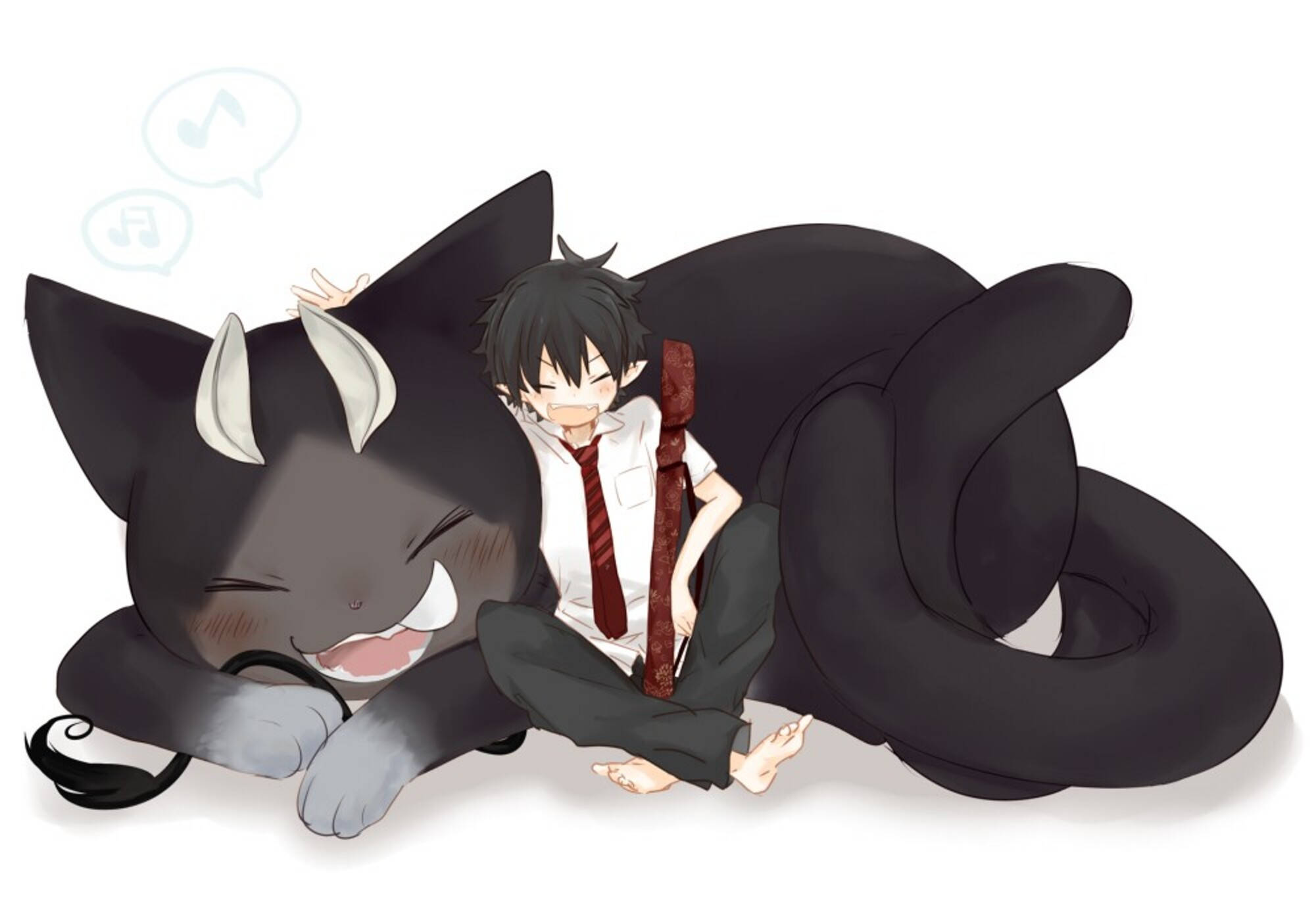 Blue Exorcist 桌布 壁紙 — 一個開心的動畫男孩穿著校服，坐在一隻有角的大黑貓旁邊，音符在他們上方飄浮。