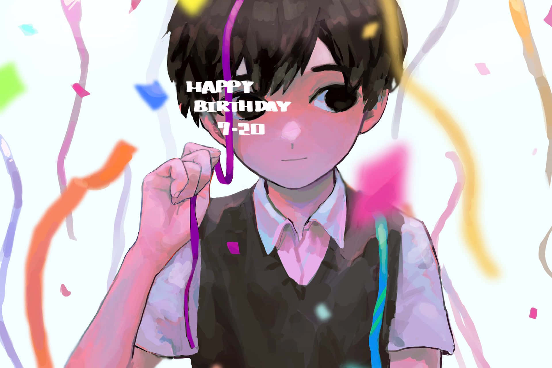 omori 桌布 壁紙 — 一個開心的動畫男孩穿著校服，拿著派對拉炮，彩色紙屑在他周圍旋轉，背景明亮。