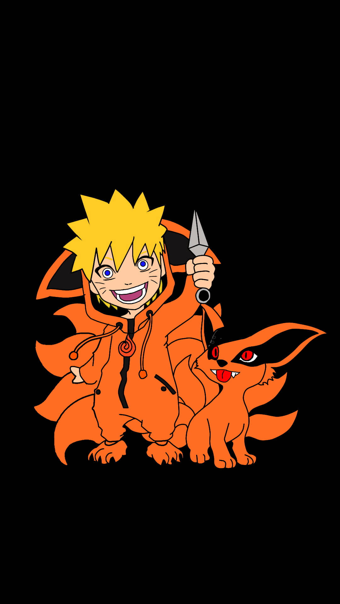 Kurama 桌布 壁紙 — 一個開心的動畫男孩穿著橙色斗篷，在黑色背景前，旁邊有一隻紅眼九尾狐，手持苦無。