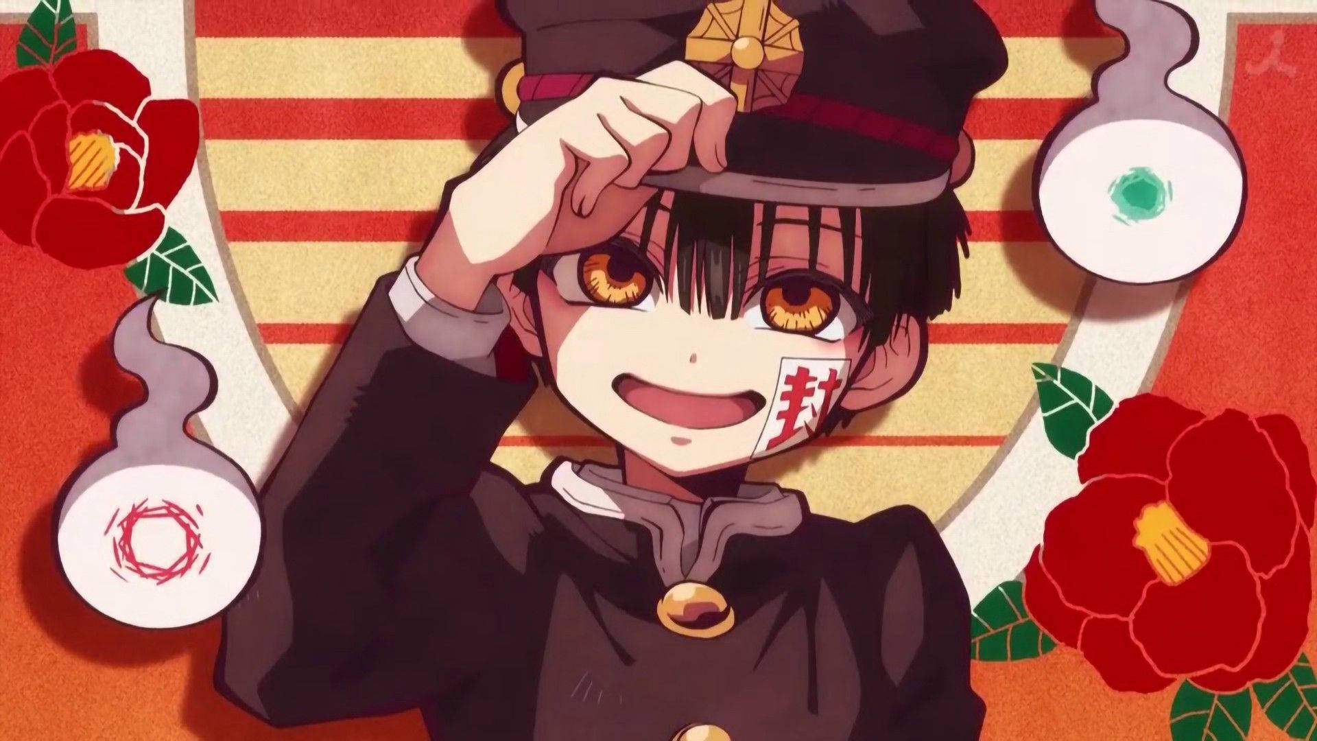 hanako 桌布 壁紙 — 一個開心的動畫男孩穿著深色制服和帽子，在紅金條紋背景襯托下，調整帽子微笑，背景有山茶花。