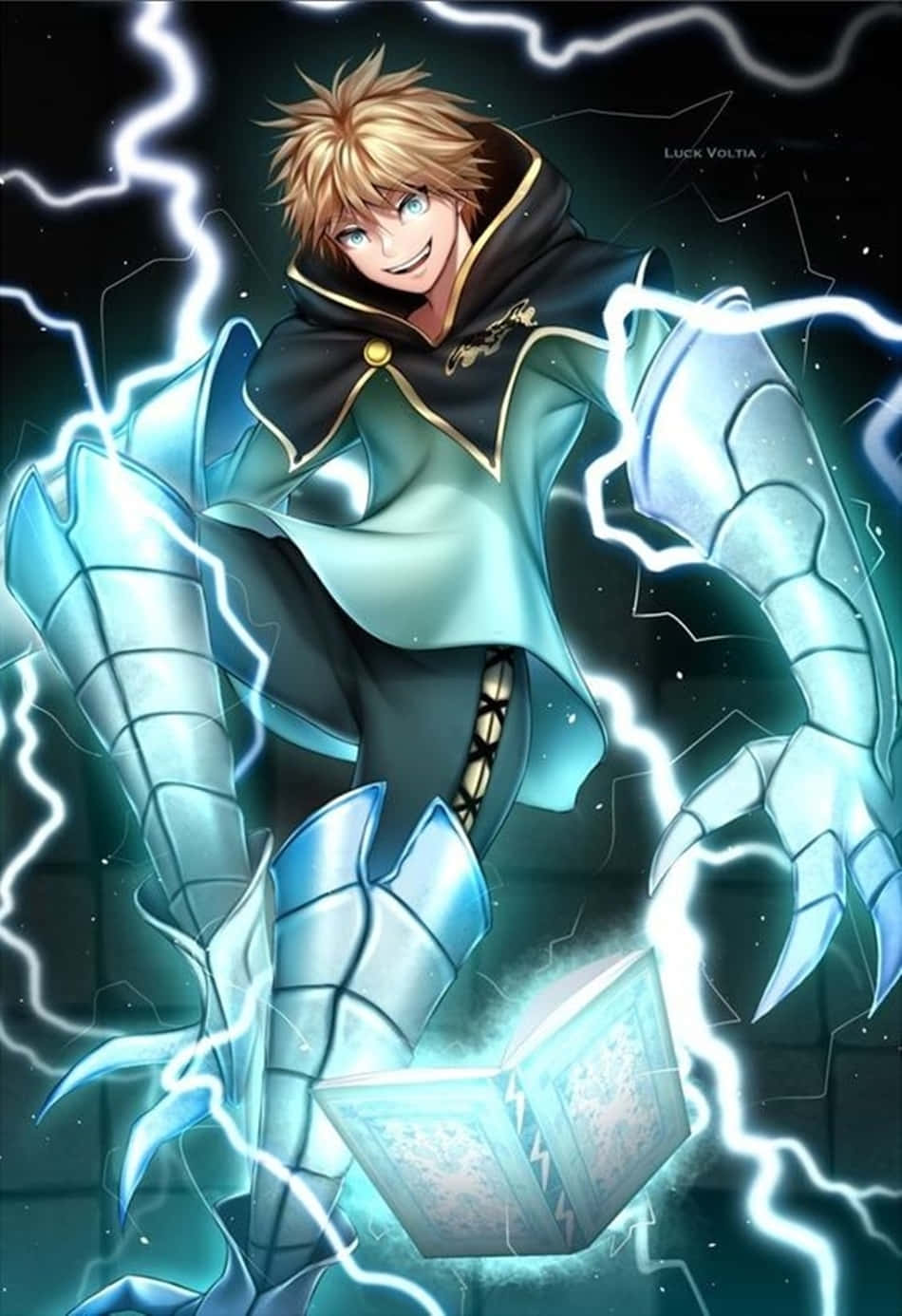 Luck Voltia 桌布 壁紙 — 一個開心的動畫男孩穿著發光藍色盔甲，在黑暗星空背景下，圍繞魔法書引導閃電。