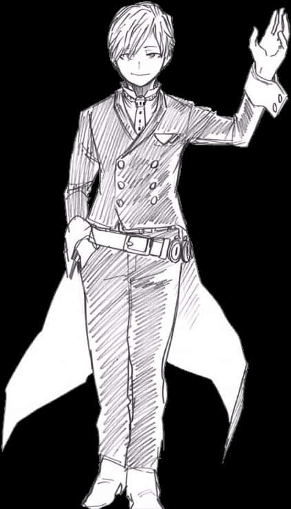 My Hero Academia Anime 桌布 壁紙 — 一個開心的動畫男孩穿著精細的西裝，一手揮舞，另一手放在臀部，背景是純黑色。