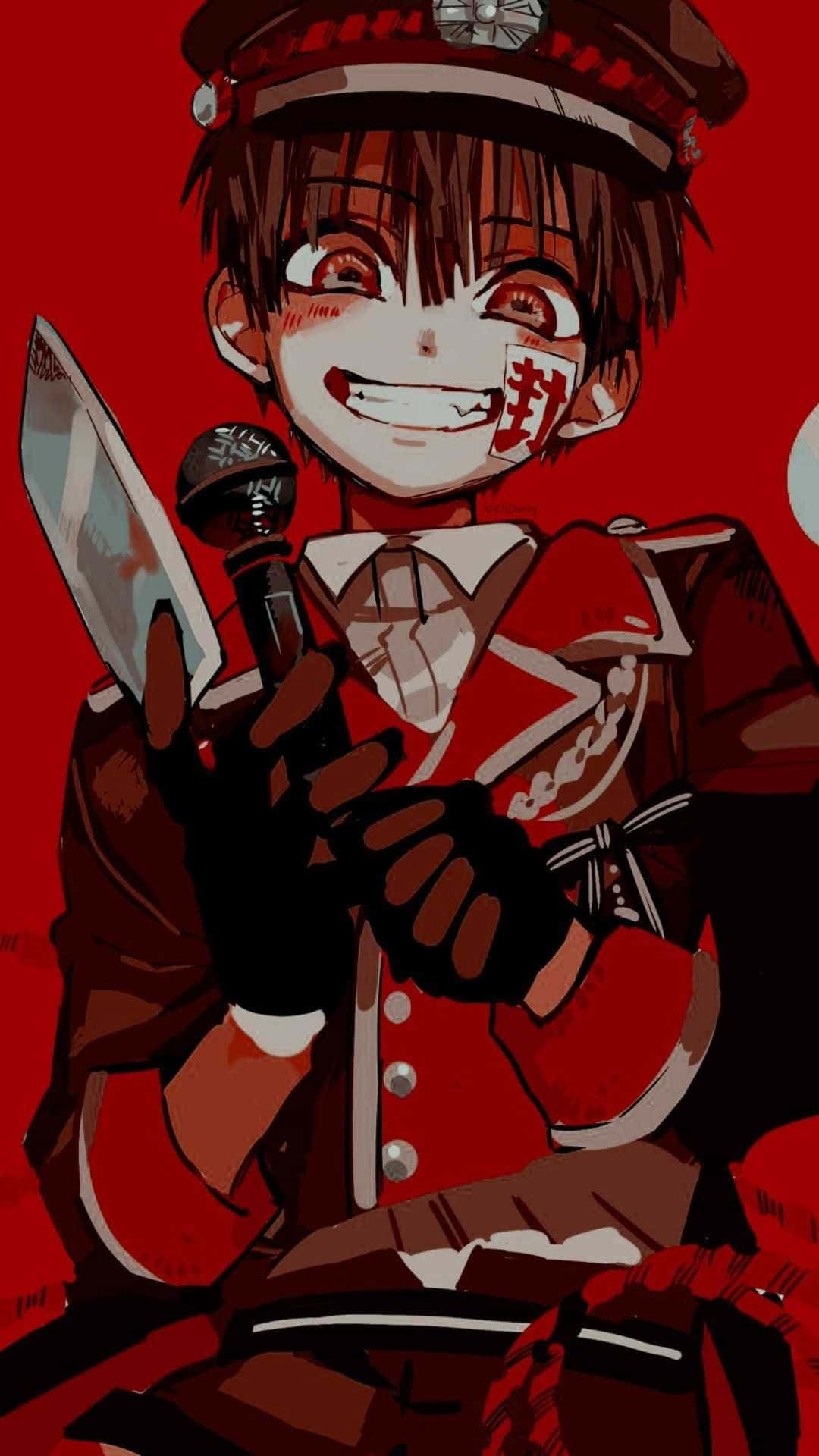 動漫男孩 桌布 壁紙 — 一個開心的動畫男孩穿著紅色制服，在純紅色背景前拿著刀和麥克風。