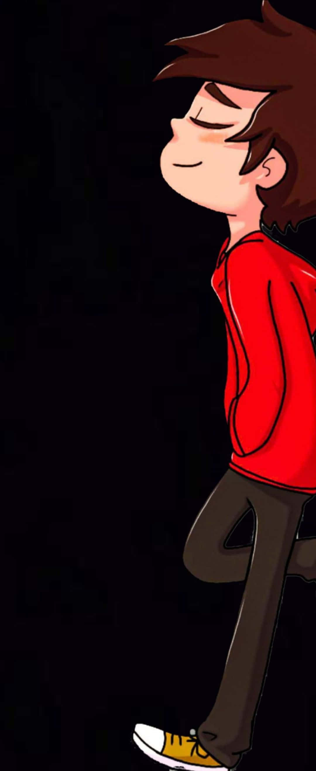 1080x2636 桌布 壁紙 — 一個開心的動畫男孩穿著紅色連帽衫，在純黑色背景上平靜地微笑。