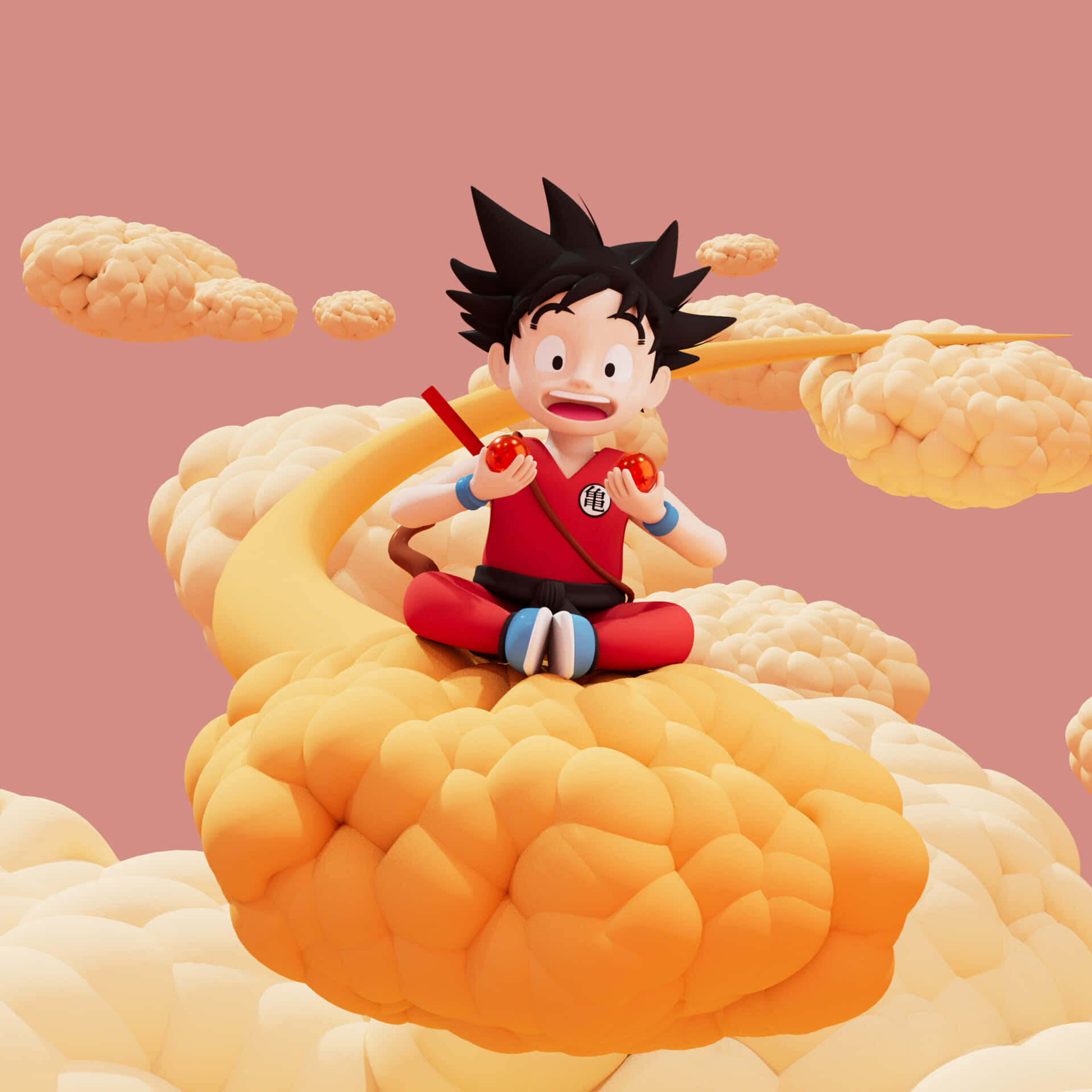 Nimbus 桌布 壁紙 — 一個開心的動畫男孩穿著紅色道服，盤腿坐在蓬鬆的金色雲朵上，在柔和的粉紅色天空下拿著兩個紅色球體。