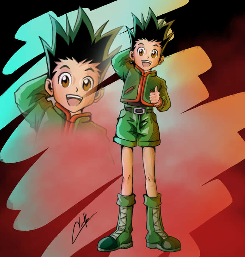獵人 x 獵人 桌布 壁紙 — 一個開心的動畫男孩穿著綠色服裝，自信地站在動感多彩的背景前。
