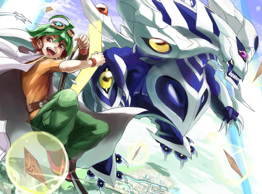 Yuya Sakaki 桌布 壁紙 — 一個開心的動畫男孩穿著綠色裝備，騎著一隻巨大的藍白龍，在明亮的天空中飛越城市。